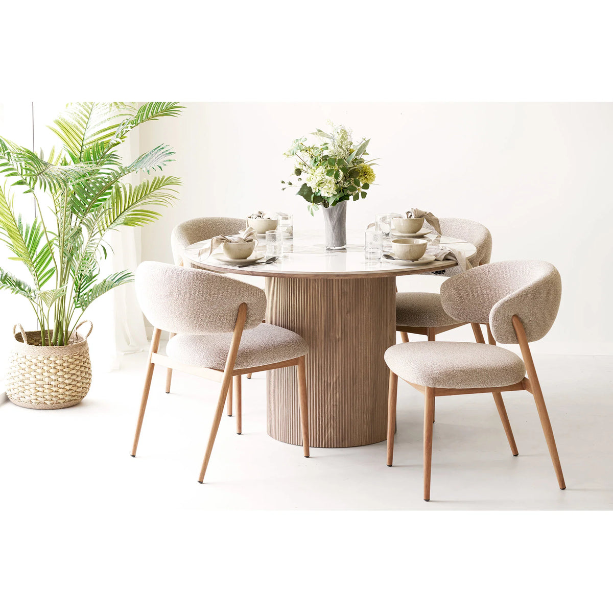 Τραπεζαρία Athens Ceramic Επιφάνεια White/Brown-Καφέ Ξύλινη Βάση / incl. 2 Extension Plates ø120x120-160-200x76 cm HOUSE NORDIC