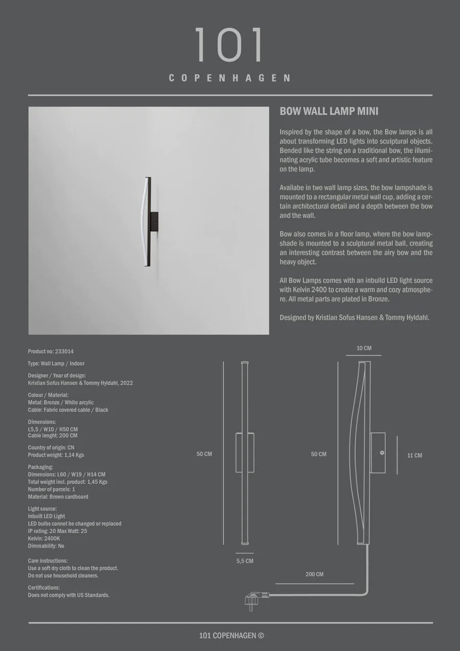 Φωτιστικό Τοίχου Bow Wall Lamp Mini - Μπρονζέ Μεταλλικό Η50 x W10 x L5.5 cm 101 Copenhagen
