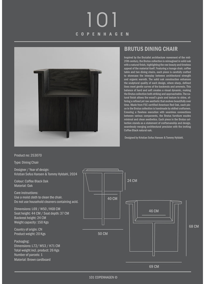 101 COPENHAGEN Καρεκλα Καρέκλα Τραπεζαρίας Brutus Dining Chair Coffee Black Δρυς L69 x W50 x H68 101 COPENHAGEN