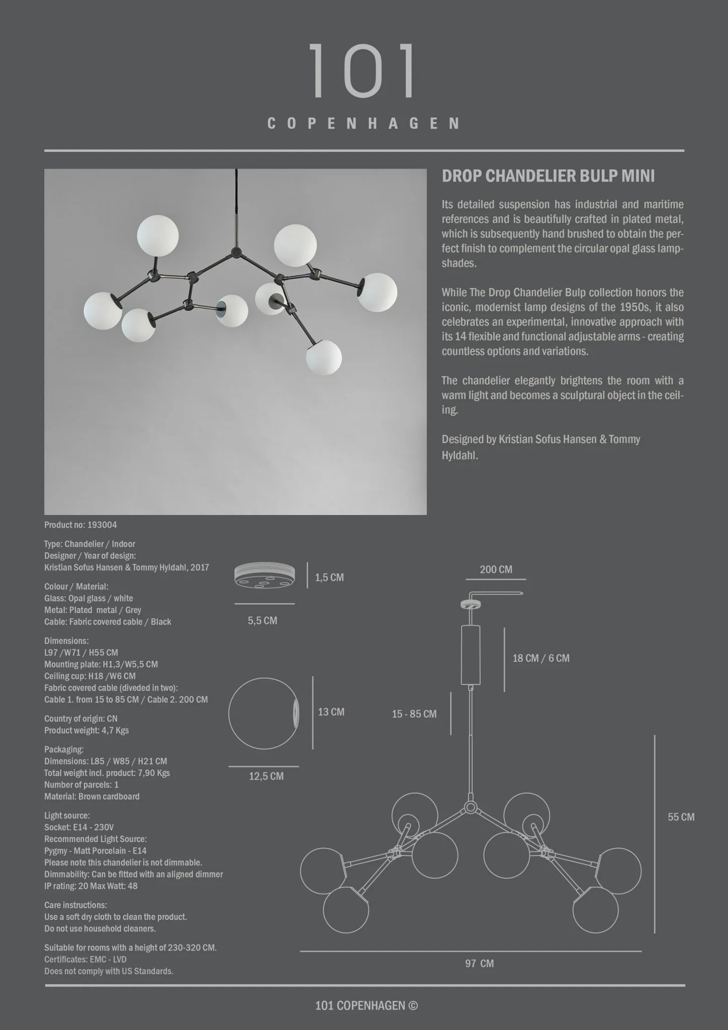 101 COPENHAGEN Φωτιστικό οροφής Φωτιστικό Οροφής Bulp Mini, Γκρι, Μέταλλο/Γυαλί, L97xW71xH55cm, 101 COPENHAGEN
