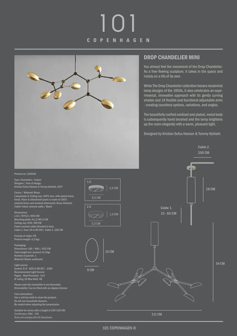 101 COPENHAGEN Φωτιστικό οροφής Drop Chandelier Mini Αλουμίνιο/Ορείχαλκος/Σίδερο Μπρούτζος 78.5x111xH54 cm 101 COPENHAGEN