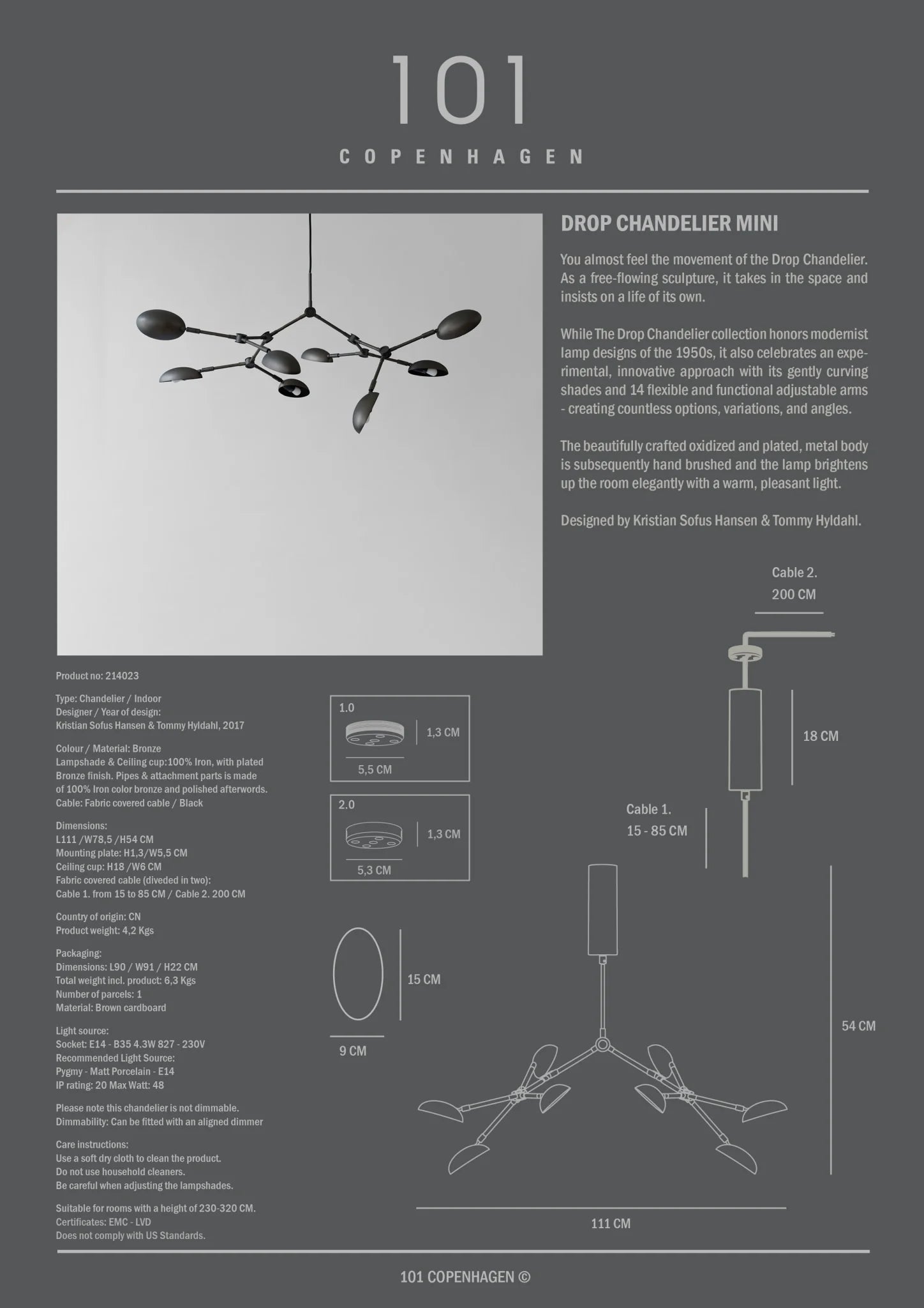 101 COPENHAGEN Φωτιστικό οροφής Φωτιστικό Οροφής Drop Chandelier Mini, Bronze Ορείχαλκος/ Μέταλλο, 54x78x111cm, 101 COPENHAGEN