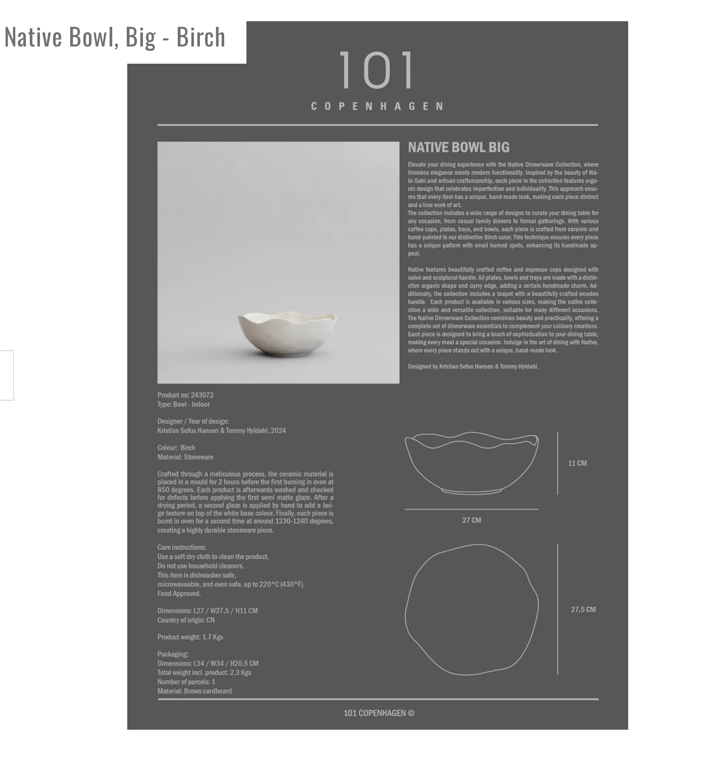 101 COPENHAGEN Διακοσμητικός Δίσκος Μπολ Native Big Κεραμικό Άσπρο Birch H11 cm x W 27,5 cm x L27 cm 101 COPENHAGEN