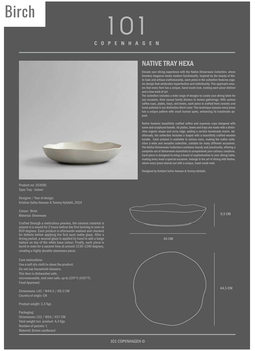 101 COPENHAGEN Διακοσμητικός Δίσκος Πιατέλα Native Tray, Hexa Κεραμικό Άσπρο Birch H9,5cm x W 44,5 cm x L45 cm 101 COPENHAGEN