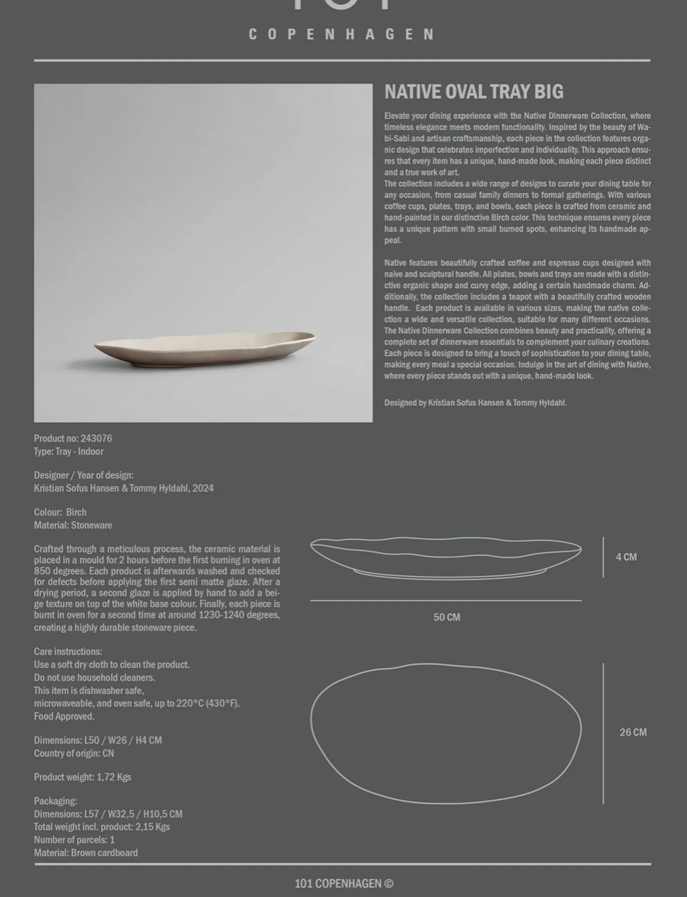 101 COPENHAGEN Διακοσμητικός Δίσκος Πιατέλα Native Oval Tray, Big Κεραμικό Άσπρο Birch H4cm x W26cm x L50 cm 101 COPENHAGEN