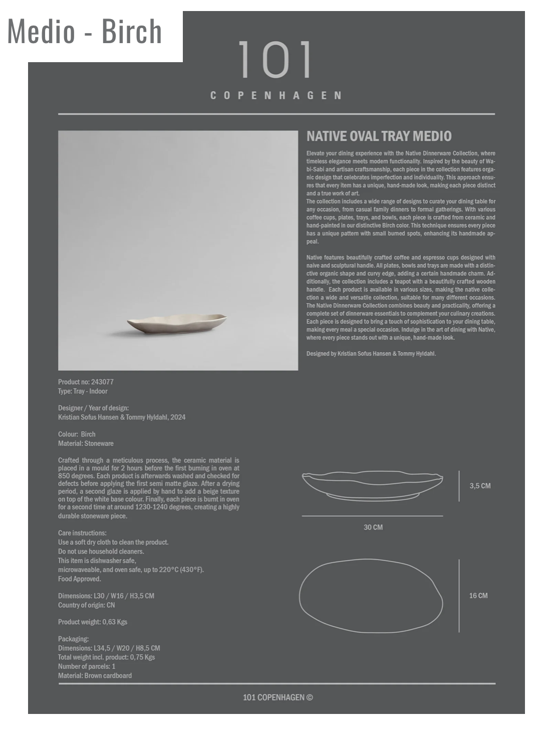 101 COPENHAGEN Διακοσμητικός Δίσκος Πιατέλα Native Oval Tray, Medio Stoneware Άσπρο Birch L30/ W16/ H3,5 cm 101 COPENHAGEN