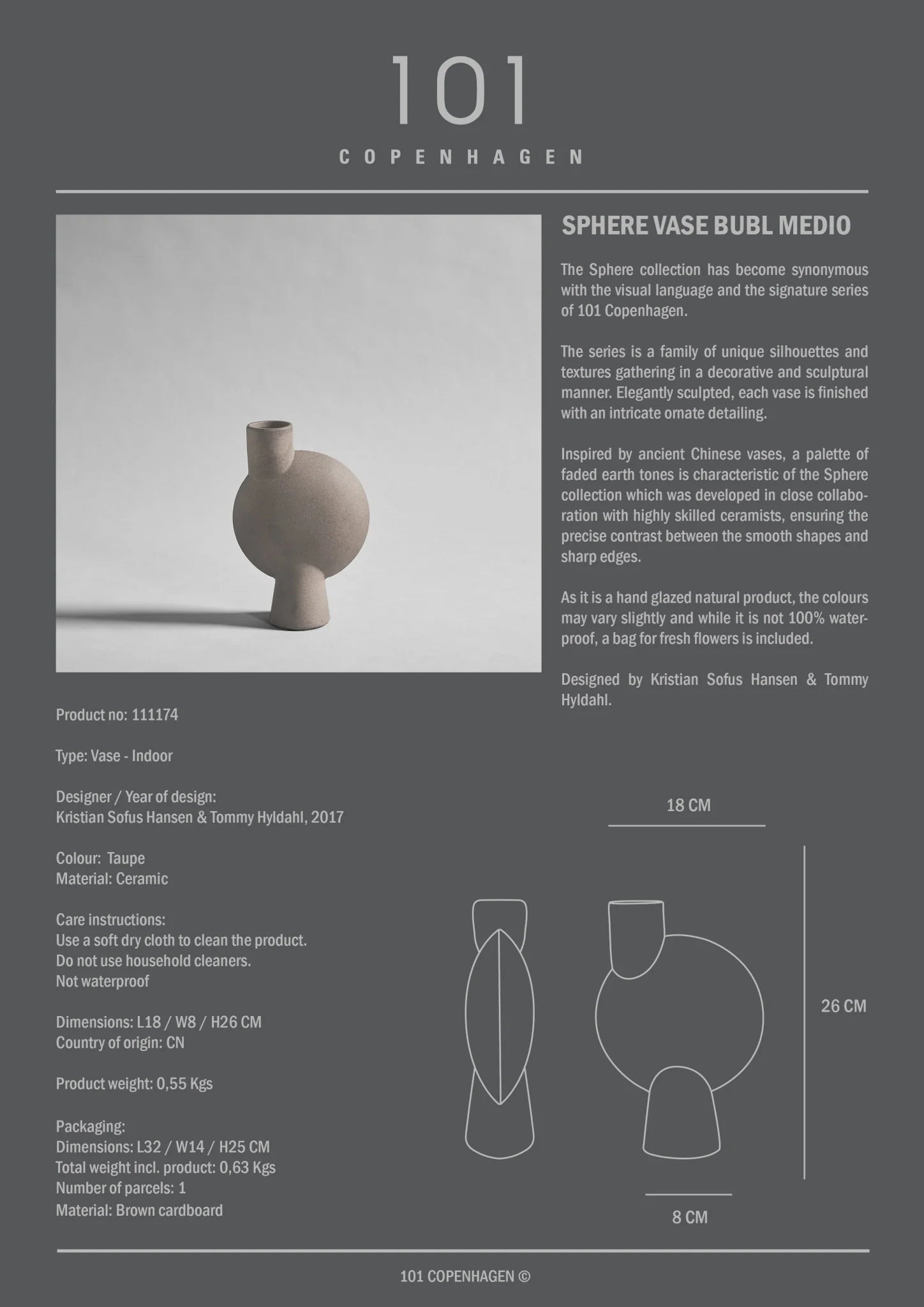 101 COPENHAGEN Βάζο Βάζο Sphere Bubl Medio Taupe Κεραμικό 26x18x8cm, 101 COPENHAGEN