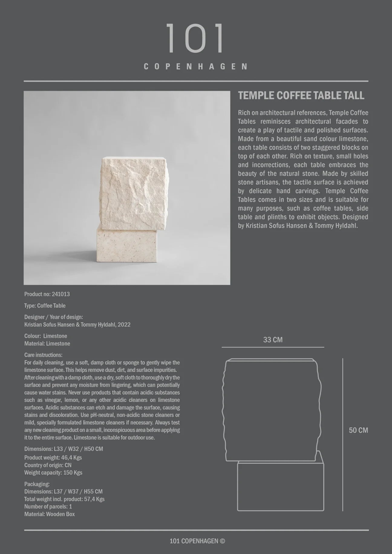 101 COPENHAGEN Τραπέζι Τραπέζι Temple Tall Εκρού Ασβεστόλιθος 33x32x50cm 101 COPENHAGEN