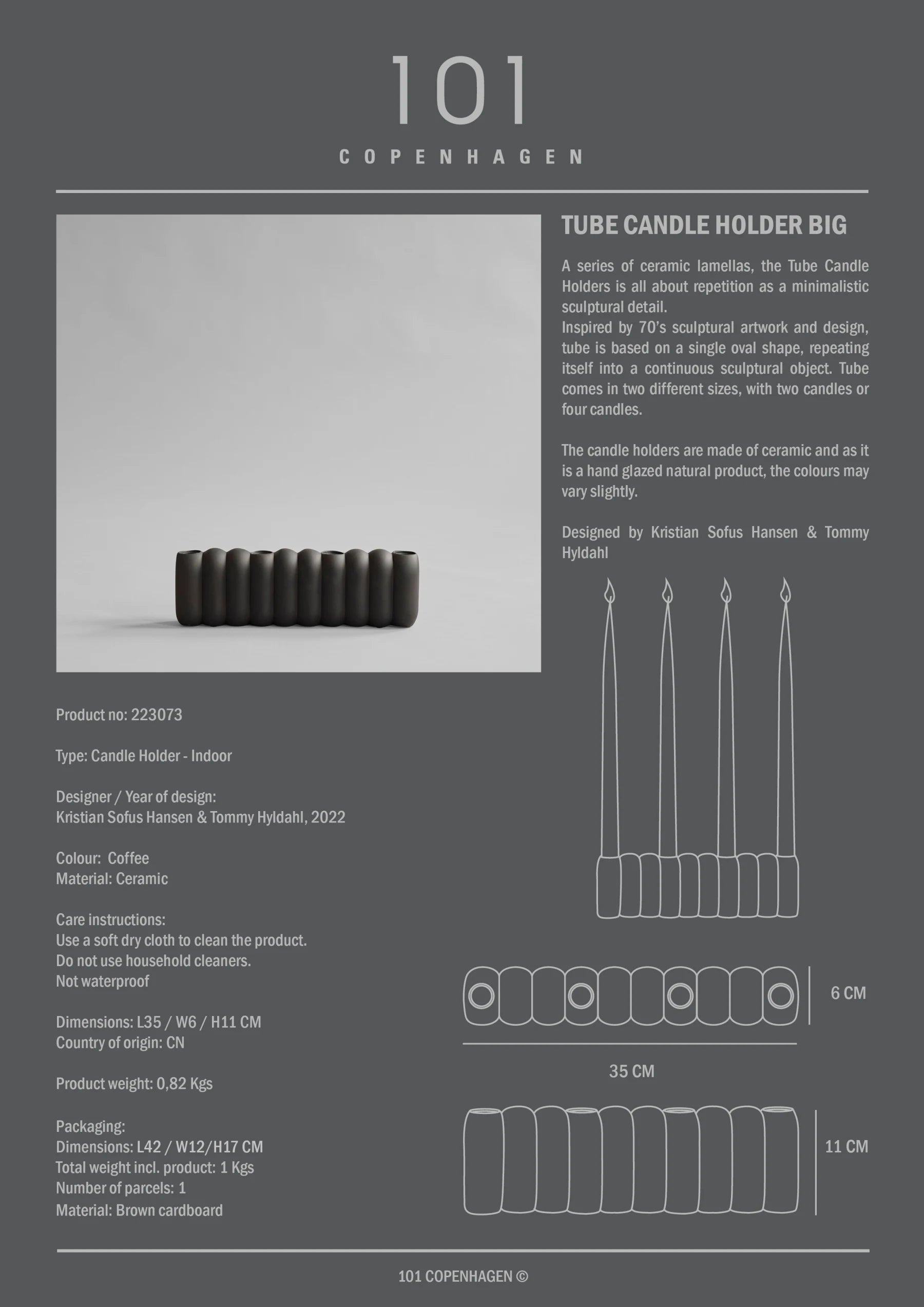 101 COPENHAGEN Κηροπήγιο Κηροπήγιο Tube Big Κεραμικό Καφέ/Μαύρο L35xW6xH11cm, 101COPENHAGEN