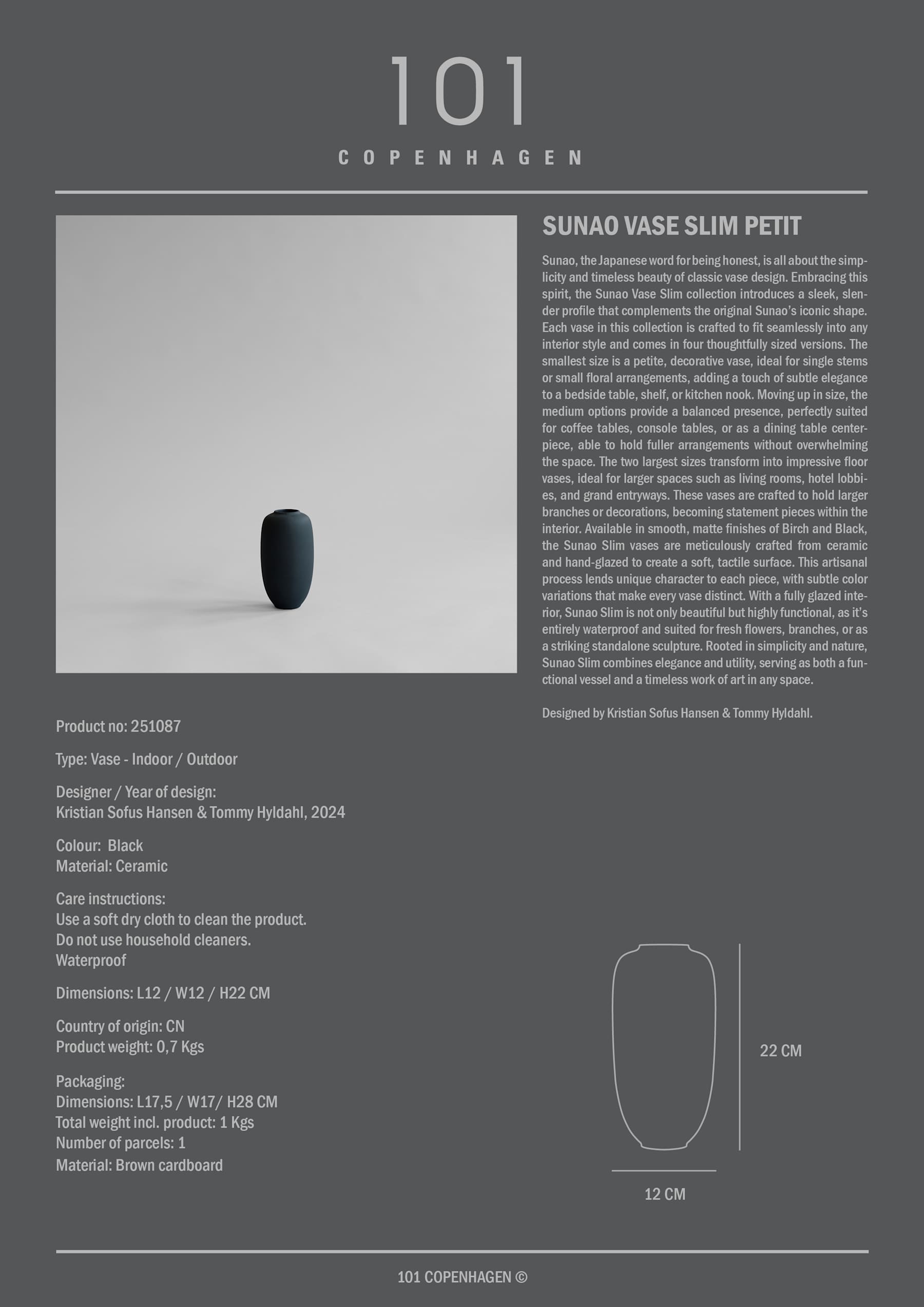101 COPENHAGEN ΒΑΖΟ Βάζο Sunao Slim Petit  Μαύρο Κεραμικό L12 x W12 x H22 101 COPENHAGEN