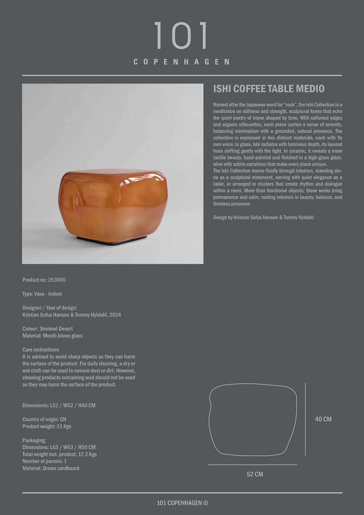 Γυάλινο Τραπεζάκι Καφέ Ishi Medio - Caramel H40 x W52 x L52 cm 101 COPENHAGEN