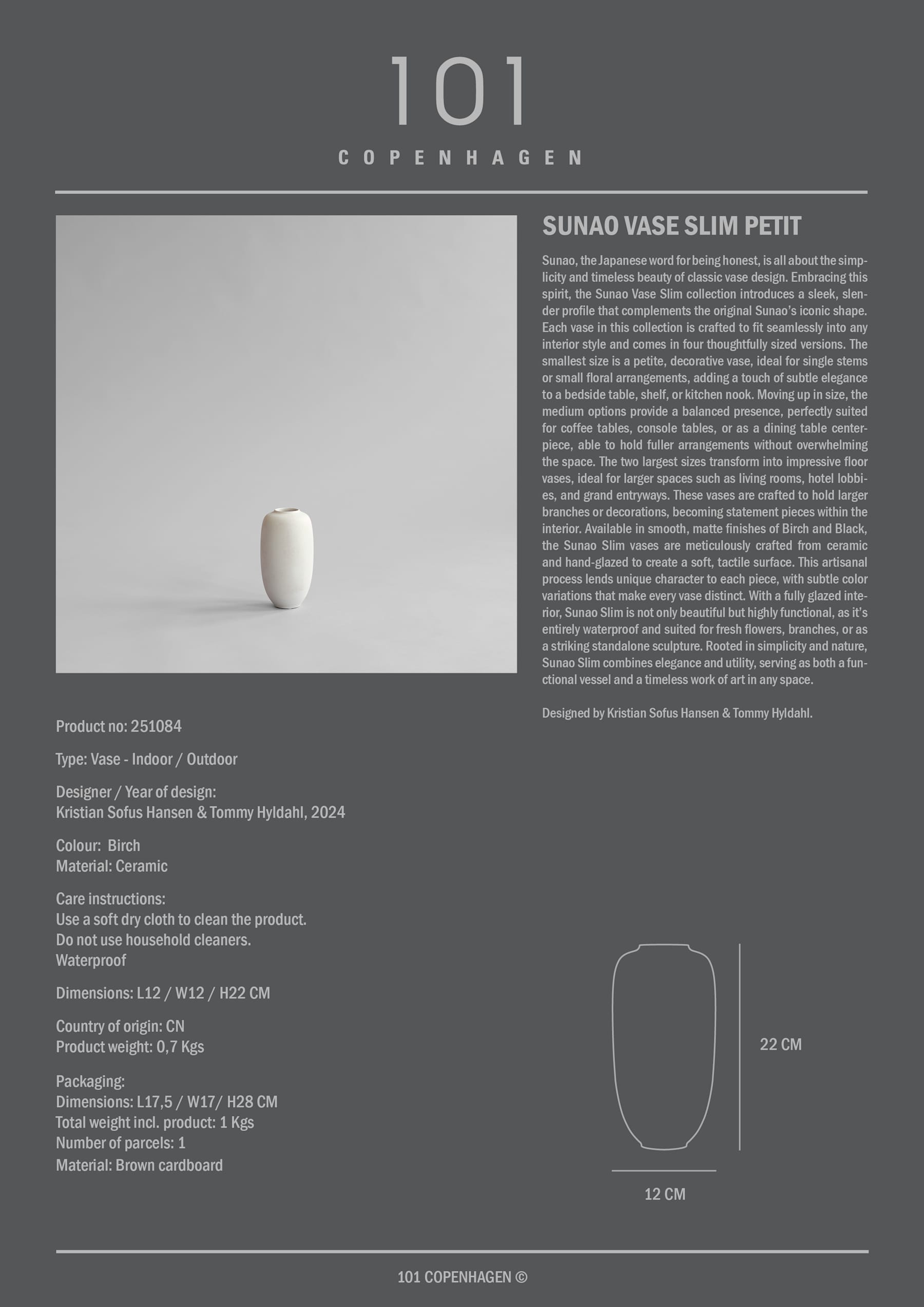 101 COPENHAGEN ΒΑΖΟ Βάζο Sunao Slim, Petit - Birch Κεραμικό L12 x W12 x H22 101 COPENHAGEN