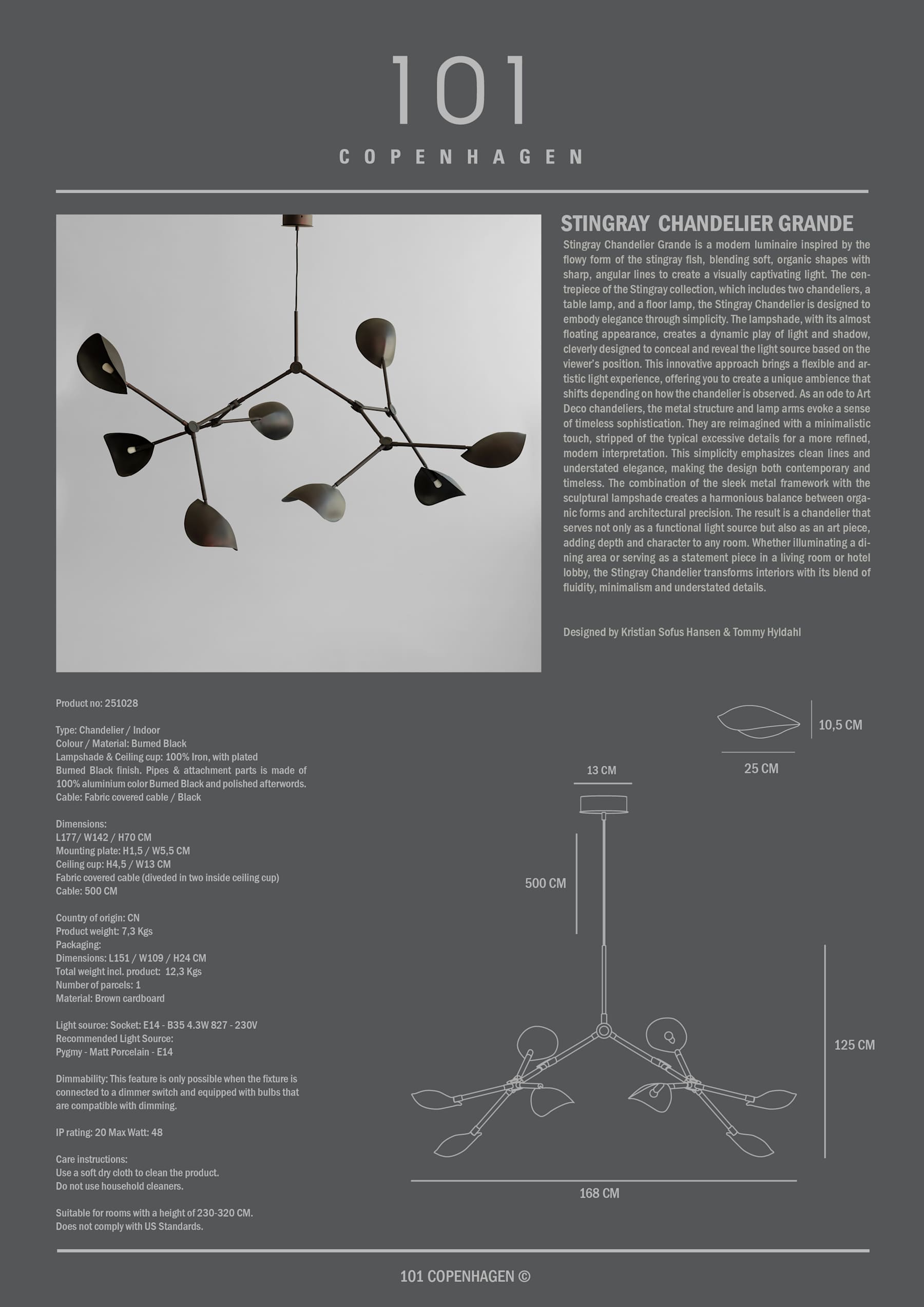 Φωτιστικό Οροφής Stingray Chandelier, Grande - Burned Black (5m) L177 x W142 x H70 cm 101 COPENHAGEN