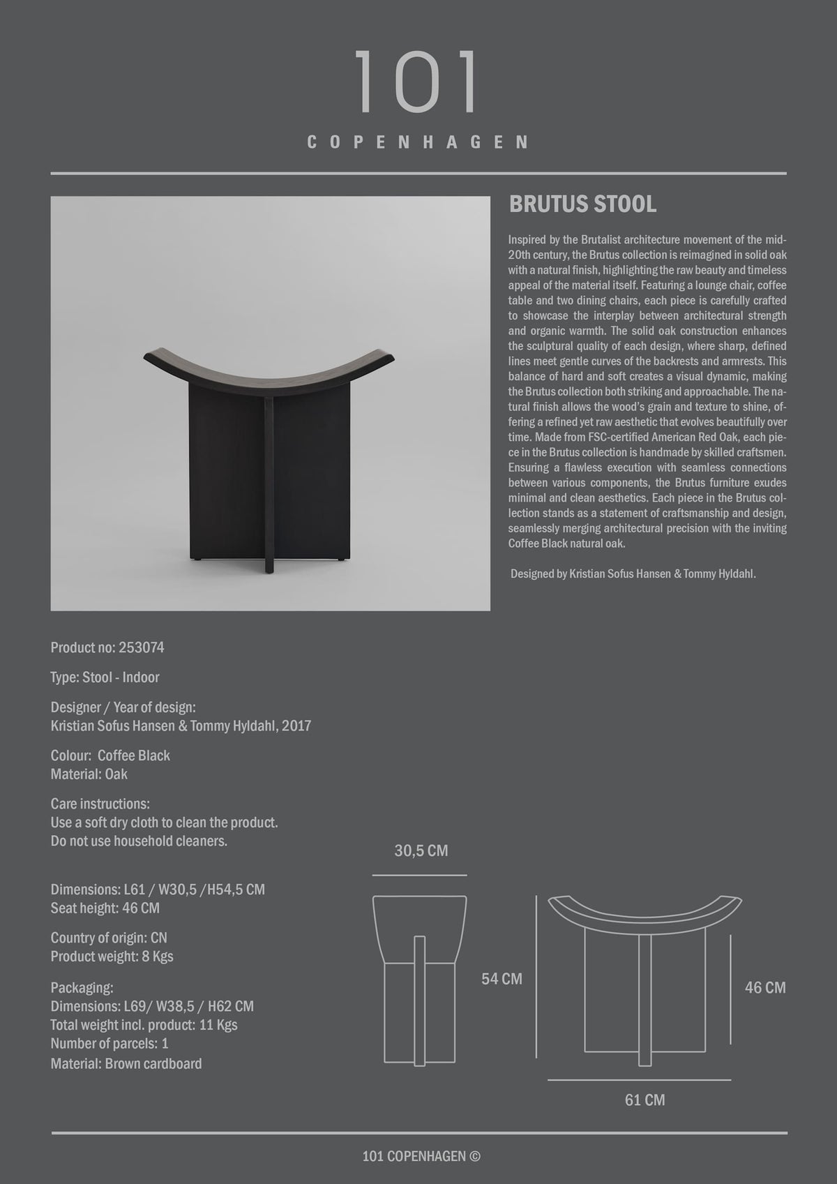 Σκαμπό Brutus - Δρυς Coffee Black H54 x W30 x L60 cm 101 COPENHAGEN