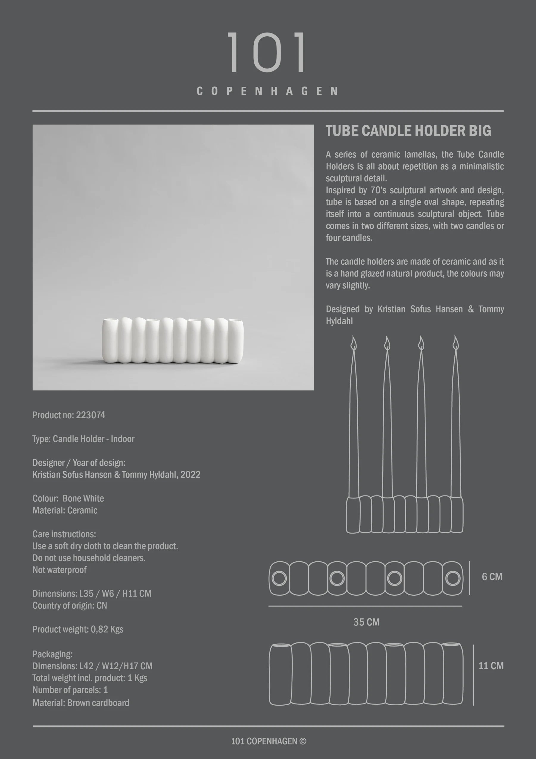 101 COPENHAGEN Κηροπήγιο Κηροπήγιο Tube Big Κεραμικό Άσπρο L35xW6xH11cm, 101COPENHAGEN