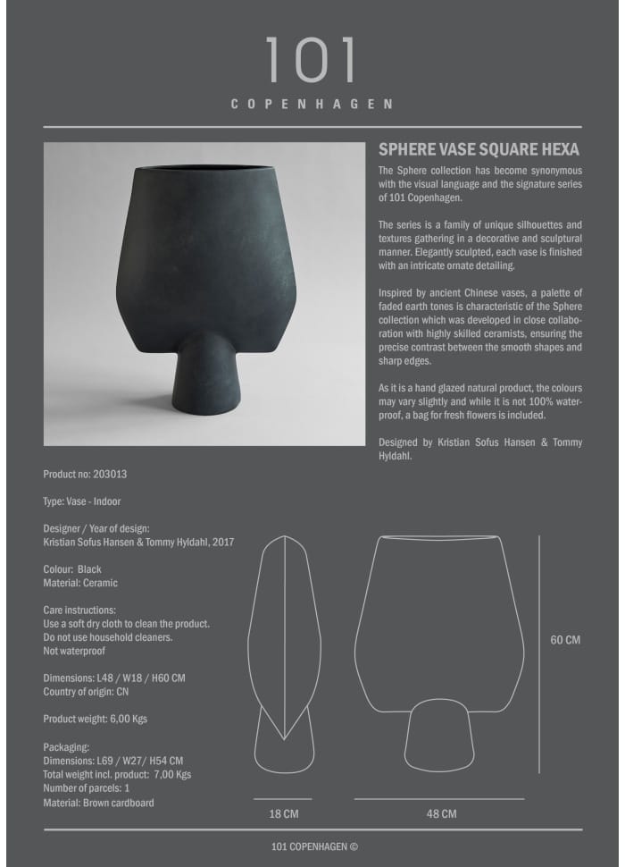 Βάζο Sphere Square Hexa Κεραμικό, Μαύρο Η60x 18 x 48cm, 101 COPENHAGEN