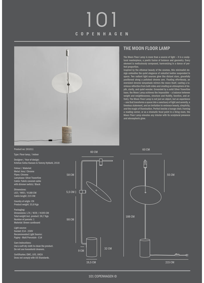 Φωτιστικό Δαπέδου Moon - Silver Τραβερτίνη/Σίδερο/ Χρωμέ H188 x W65 x L63 cm 101 COPENHAGEN