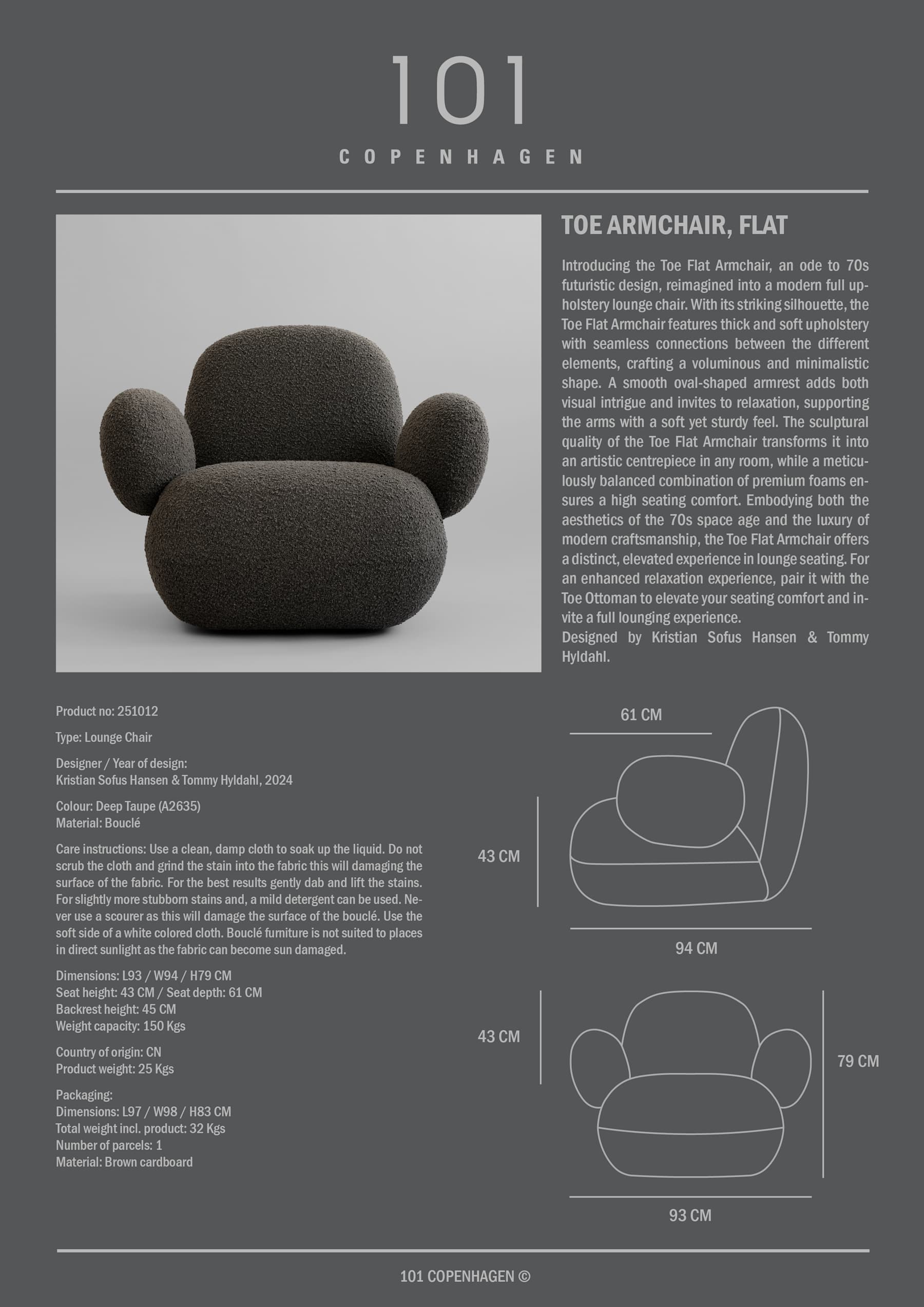 101 COPENHAGEN Πολυθρόνα Πολυθρόνα Toe Armchair Flat Deep Taupe (A2635) L94 x W100 x H80 101 COPENHAGEN