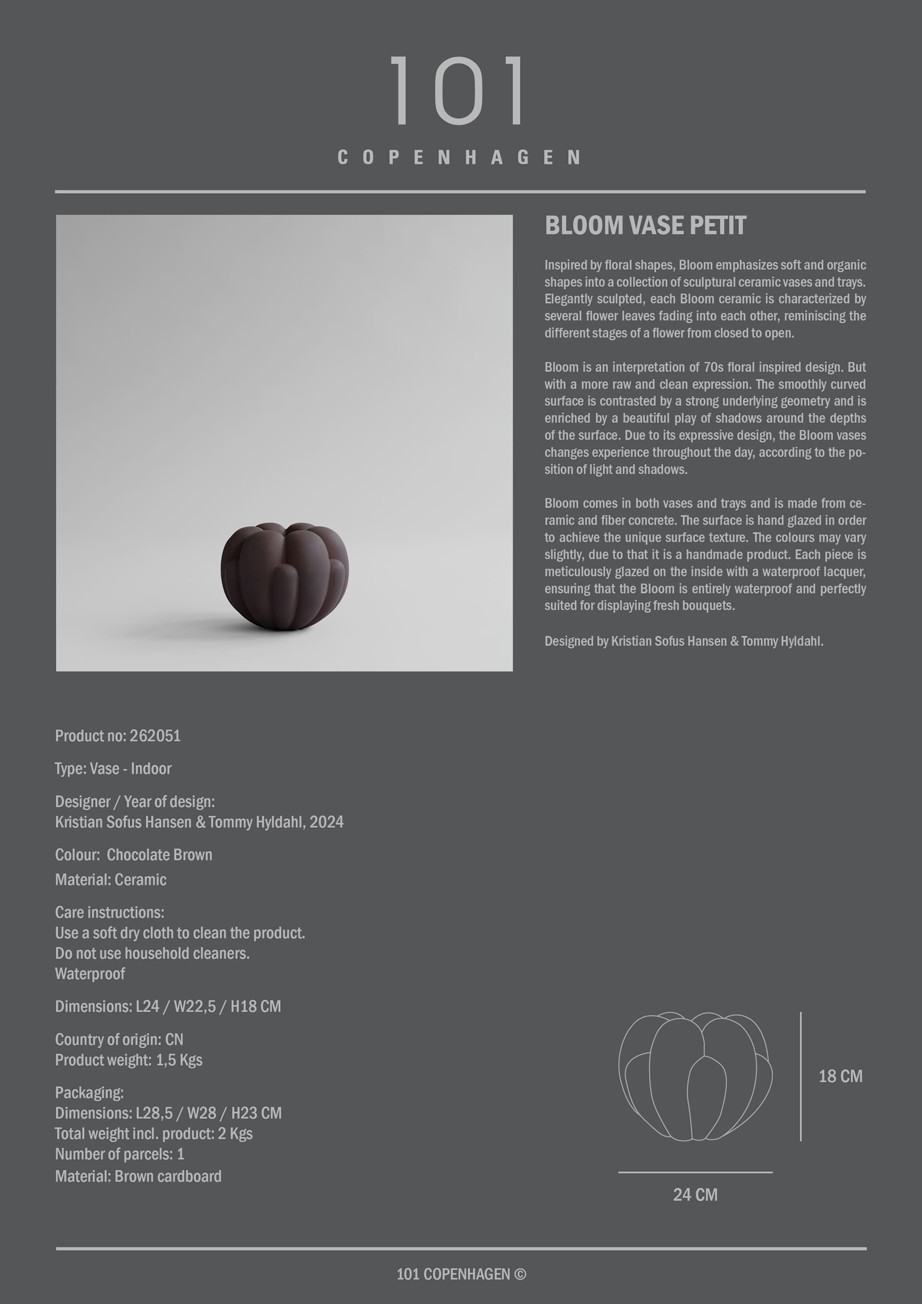 Βάζο Bloom Petit - Κεραμικό Σκούρο Καφέ H18 x W22,5 x L24 cm 101 COPENHAGEN