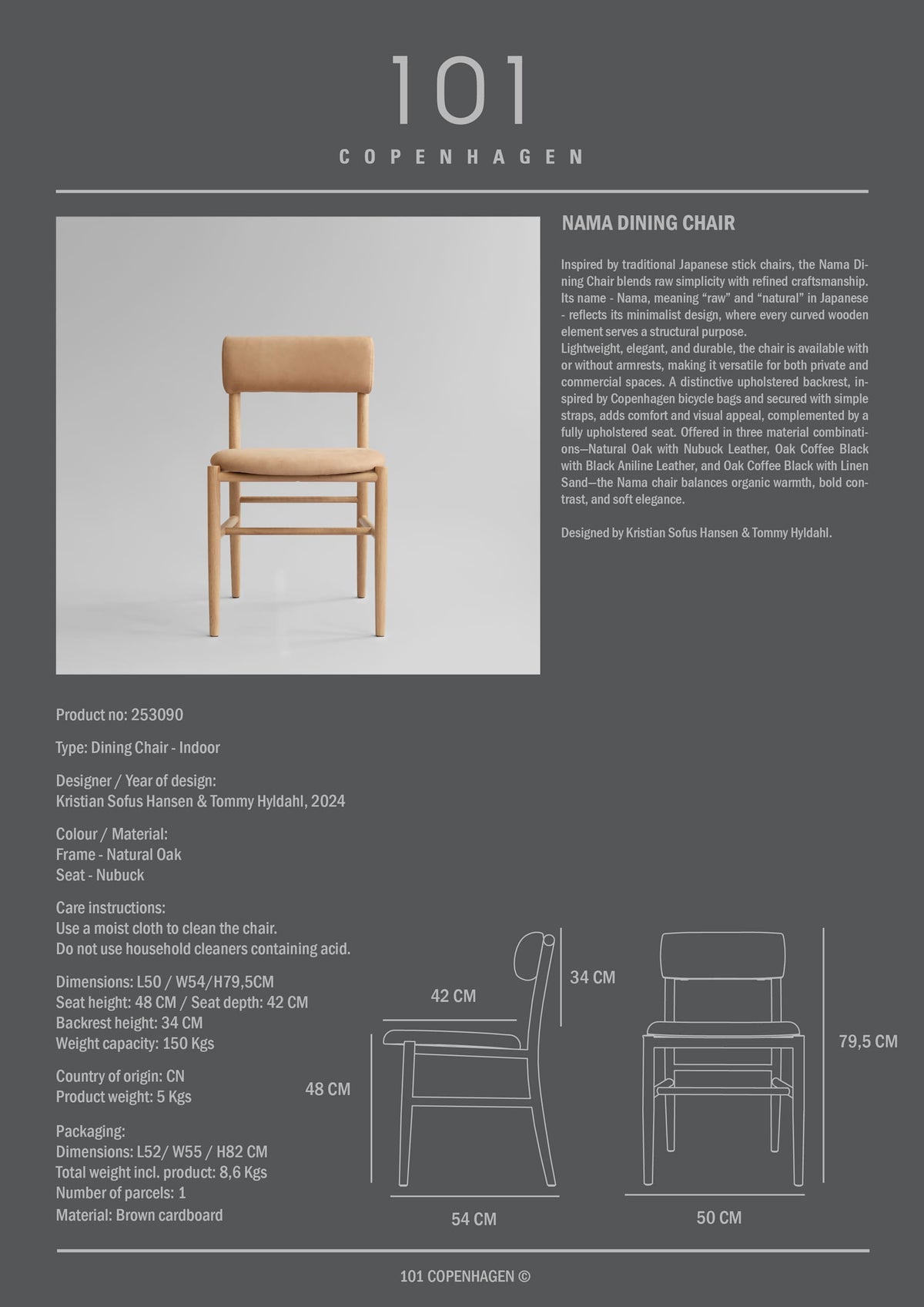 Καρέκλα Τραπεζαρίας Nama - Φυσική Δρυς Δέρμα Nubuck H79,5 x W54 x L50 cm 101 COPENHAGEN
