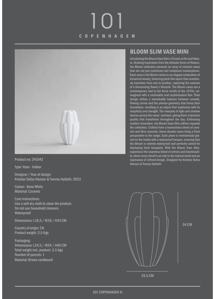 101 COPENHAGEN Βάζο Βάζο Bloom Slim Mini Κεραμικό Λευκό 19.5x19x34cm 101 COPENHAGEN
