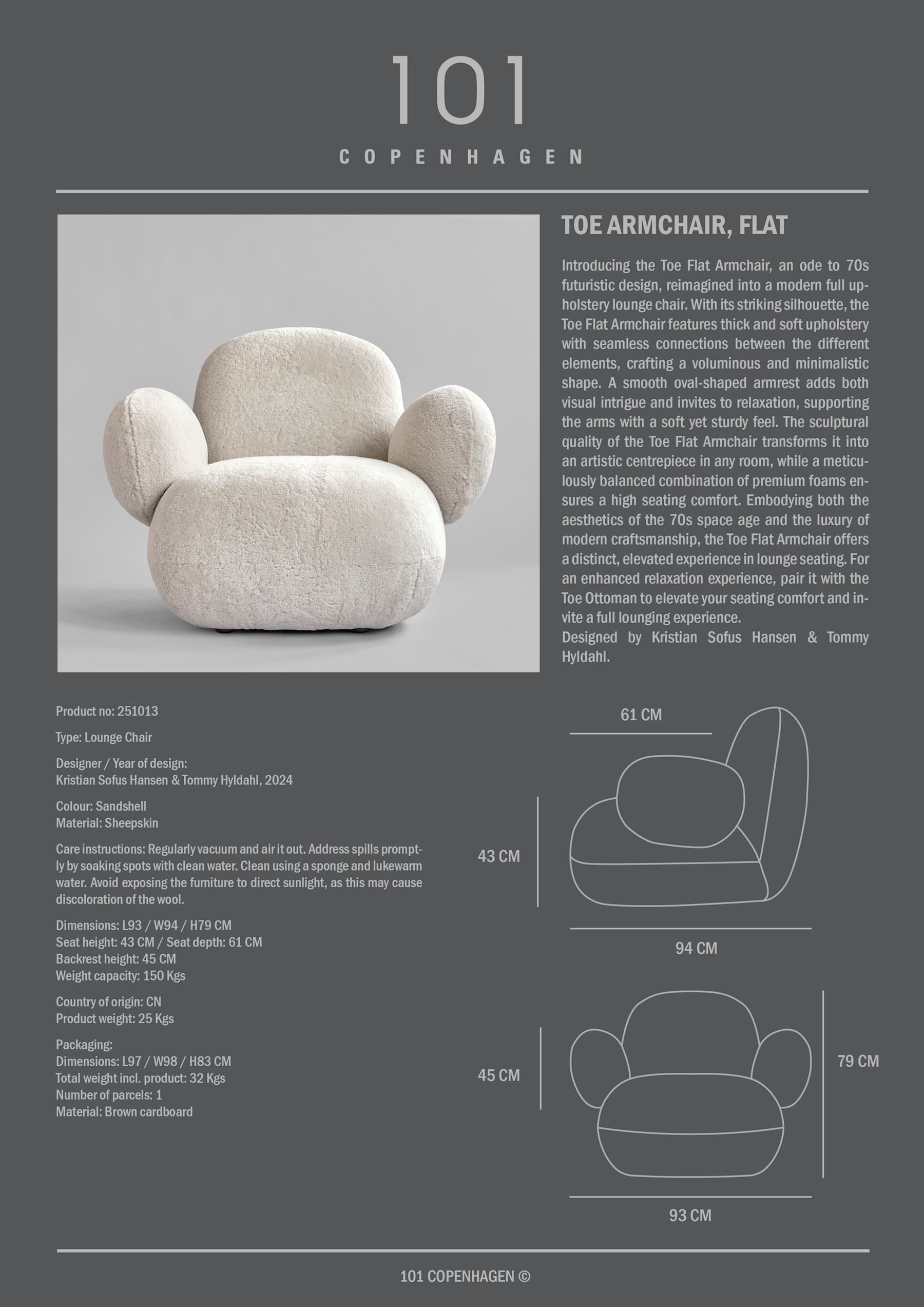 Πολυθρόνα Toe Armchair Flat / Sandshell / Sheepskin L94 x W100 x H80 101 COPENHAGEN