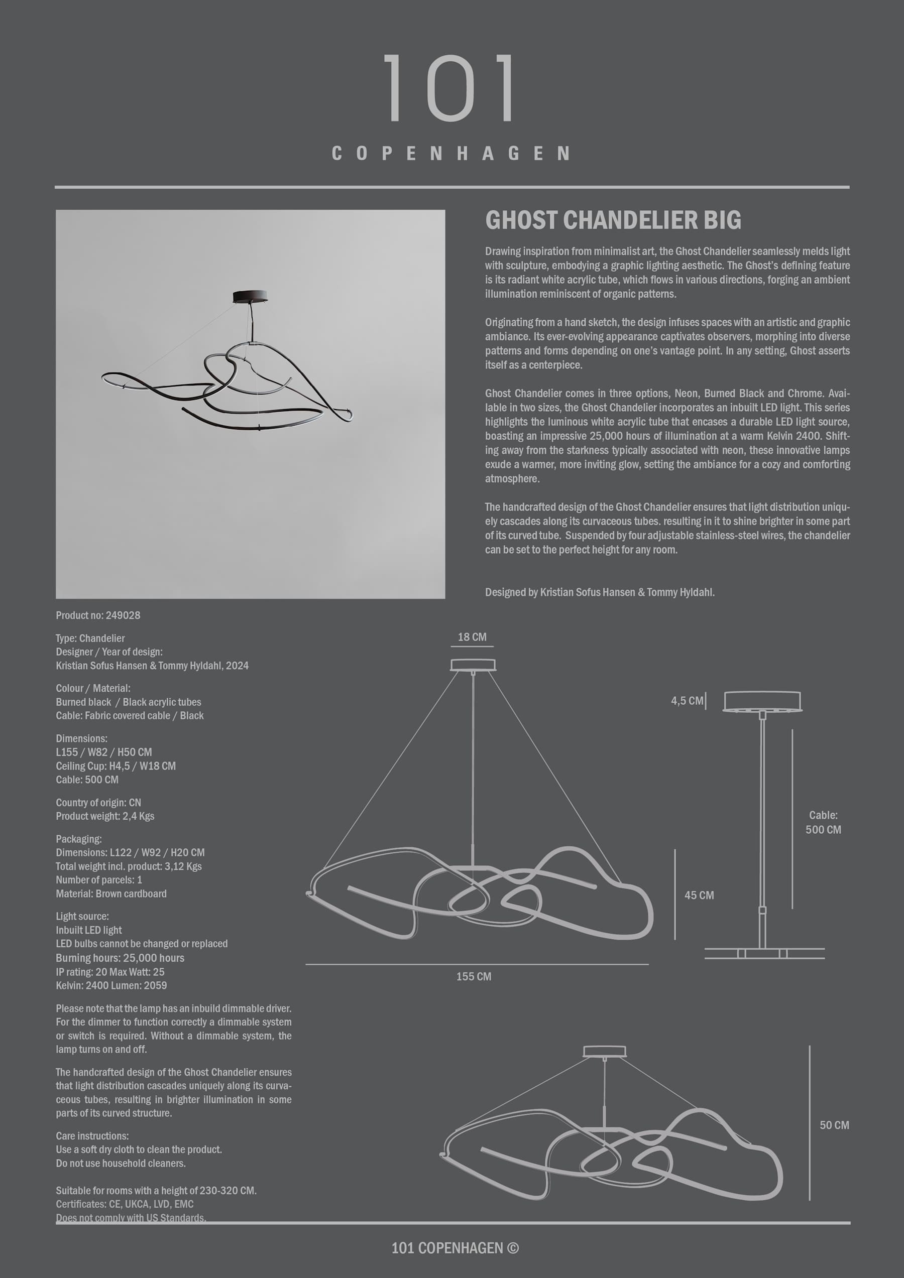 101 COPENHAGEN Φωτιστικό οροφής Φωτιστικό Οροφής Ghost Chandelier Big - Burned Black LED H50 x W82 x L155 cm 101 COPENHAGEN