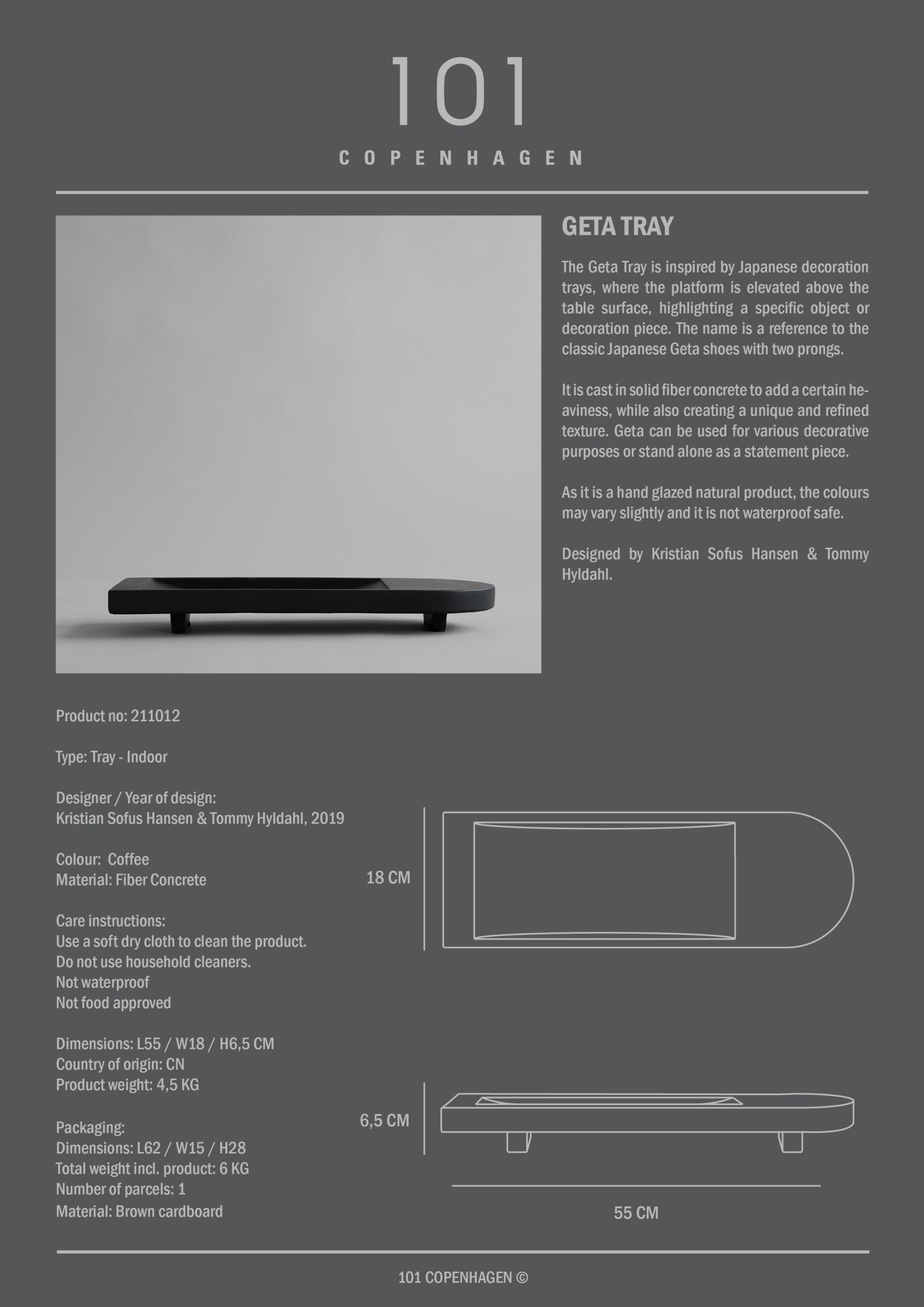 101 COPENHAGEN Διακοσμητική Πιατέλα Διακοσμητικός Δίσκος Geta Tray Σκούρο Καφέ Ινώδες Σκυρόδεμα  H6,4xW18xL55cm 101 COPENHAGEN