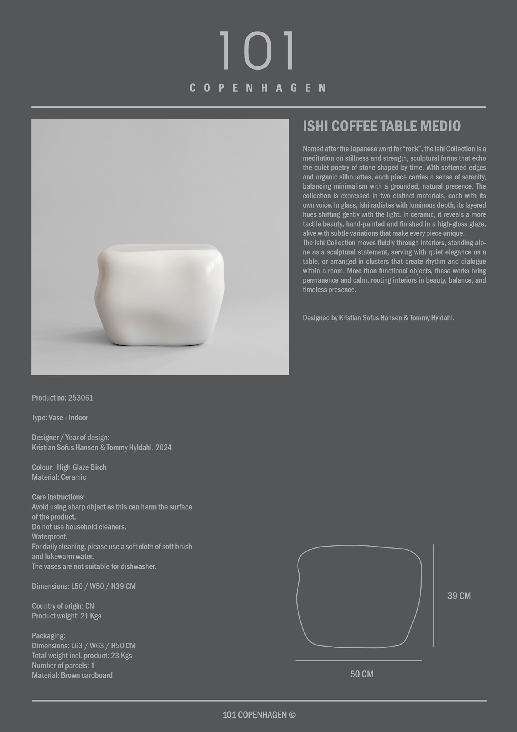 Κεραμικό Τραπεζάκι Καφέ Ishi Medio - Υψηλής Γυαλάδας Άσπρο Birch H40,5 x W55 x L55 cm 101 COPENHAGEN