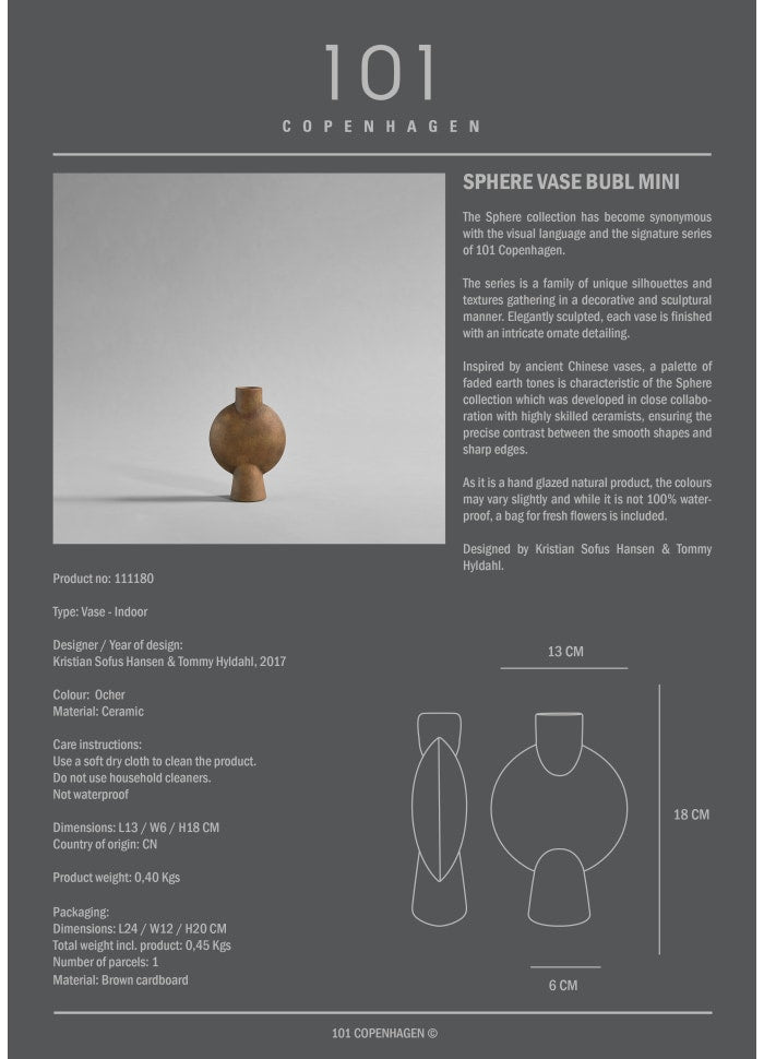 Βάζο Sphere Vase Bubl, Mini ΄Ωχρα Κεραμικό H19 cm x W6 cm x L14 cm 101 COPENHAGEN