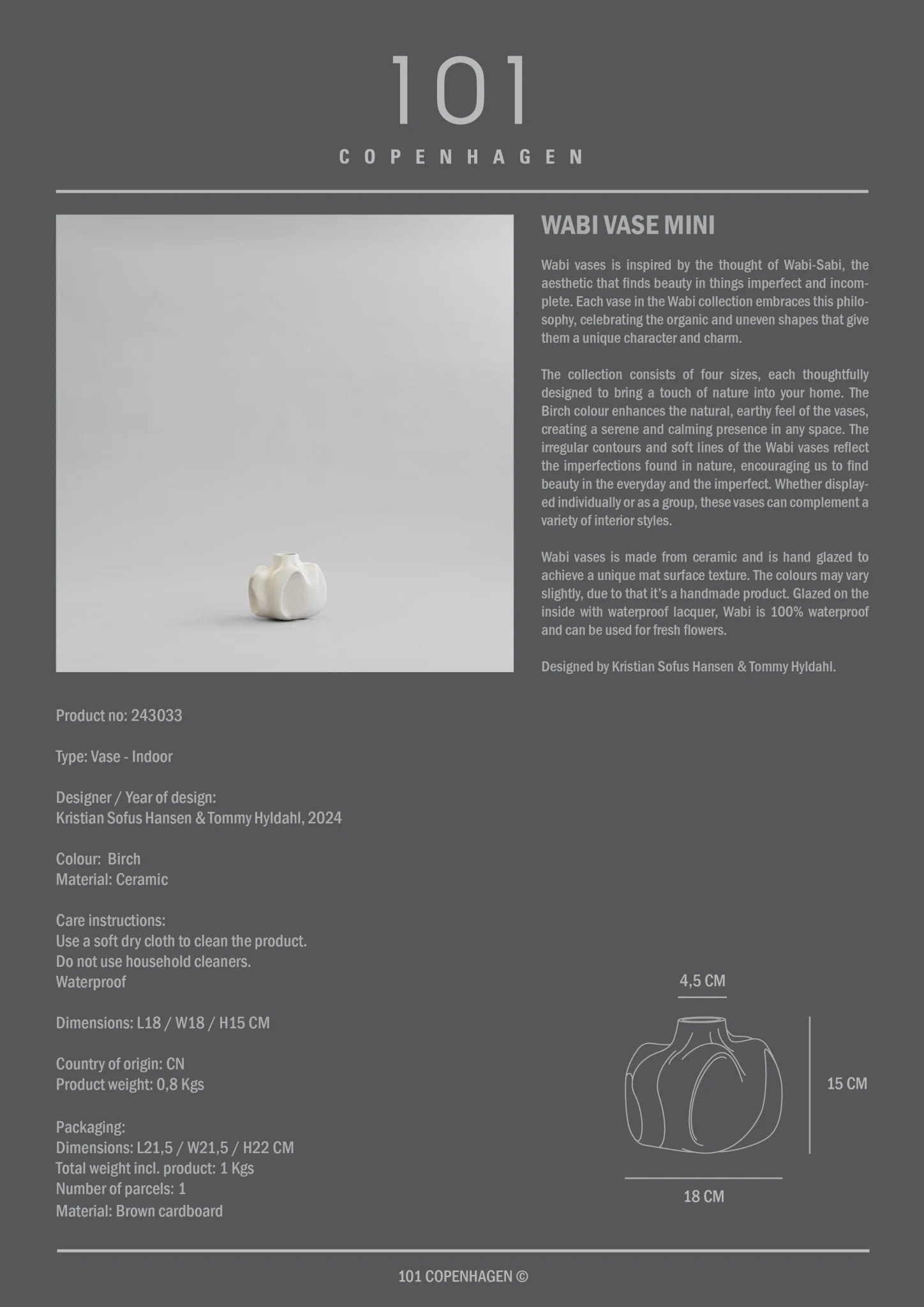 101 COPENHAGEN ΒΑΖΟ Βάζο Wabi Mini Birch Off White Κεραμικό L18 x W18 x H15 CM 101 COPENHAGEN