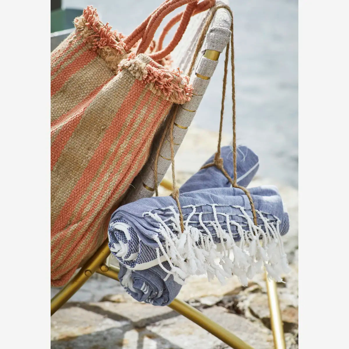 MADAM STOLTZ Καρέκλα Καρέκλα Παραλίας FOLDABLE BEACH CHAIR Βαμβάκι/Μέταλλο Off White / Aντικέ Brass Madam Stoltz