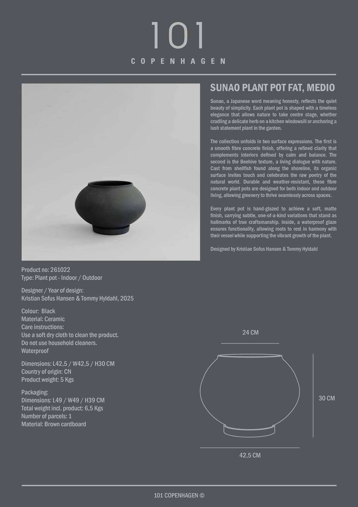 Γλάστρα Sunao Fat Medio - Κεραμική Μαύρη H30 x W42,5 x L42,5 cm 101 COPENHAGEN