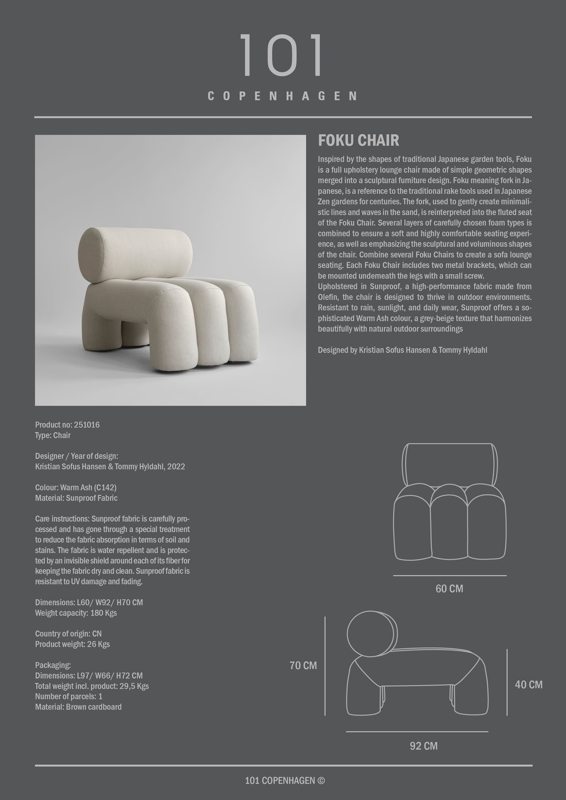 Καρέκλα Σαλονιού Foku - Sunproof Warm Ash H70 x W65 x L90 cm 101 COPENHAGEN