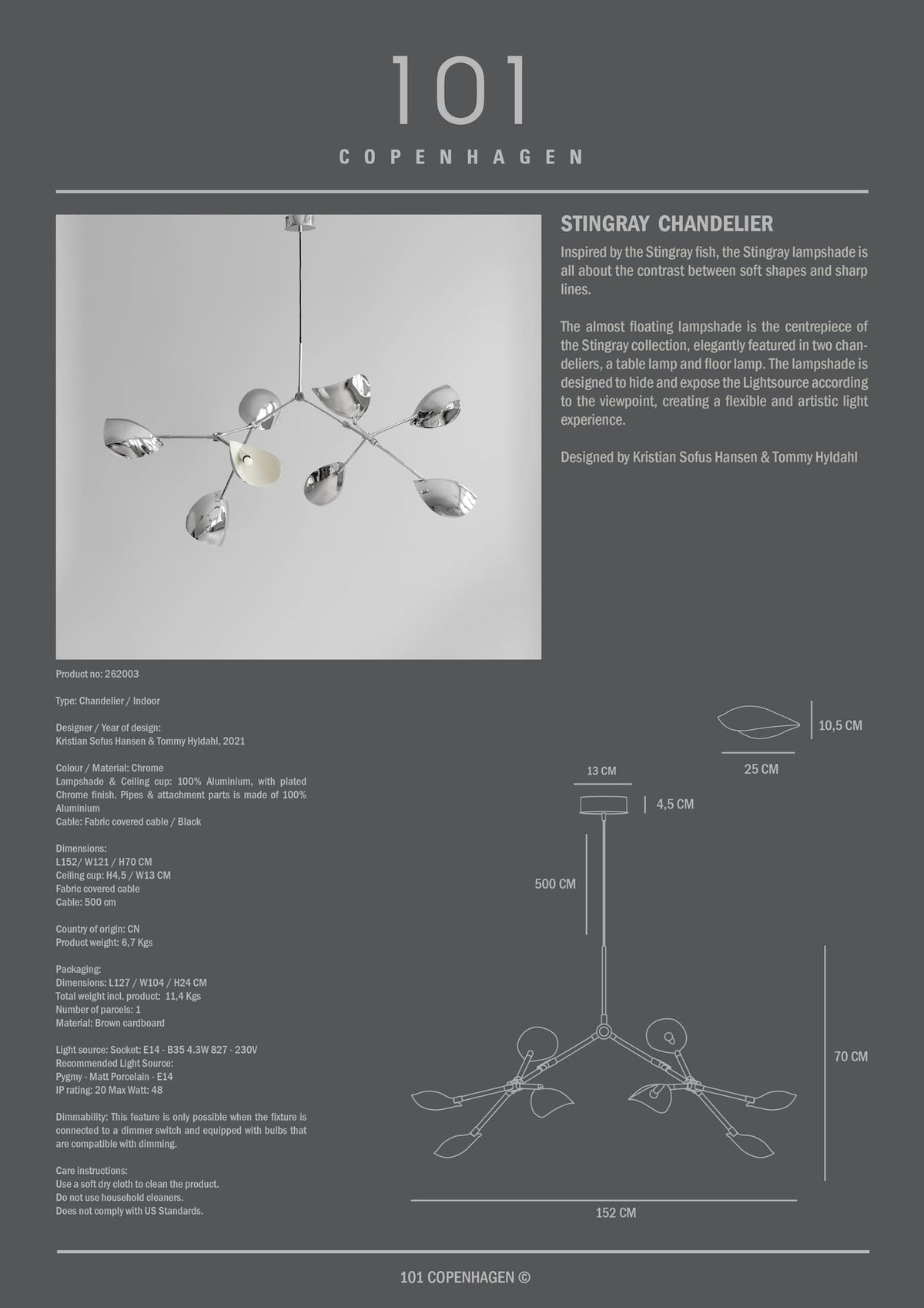 Φωτιστικό Οροφής Stingray (5m) - Αλουμίνιο Chrome H70 x W121 x L152 cm 101 COPENHAGEN