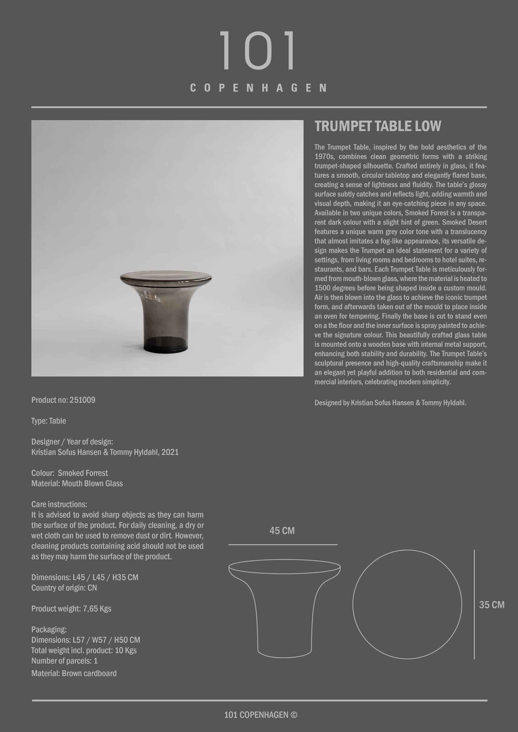 Βοηθητικό Τραπέζι Trumpet Low - Γυαλί Smoked Forest H35 x W45 x L45 cm 101 COPENHAGEN