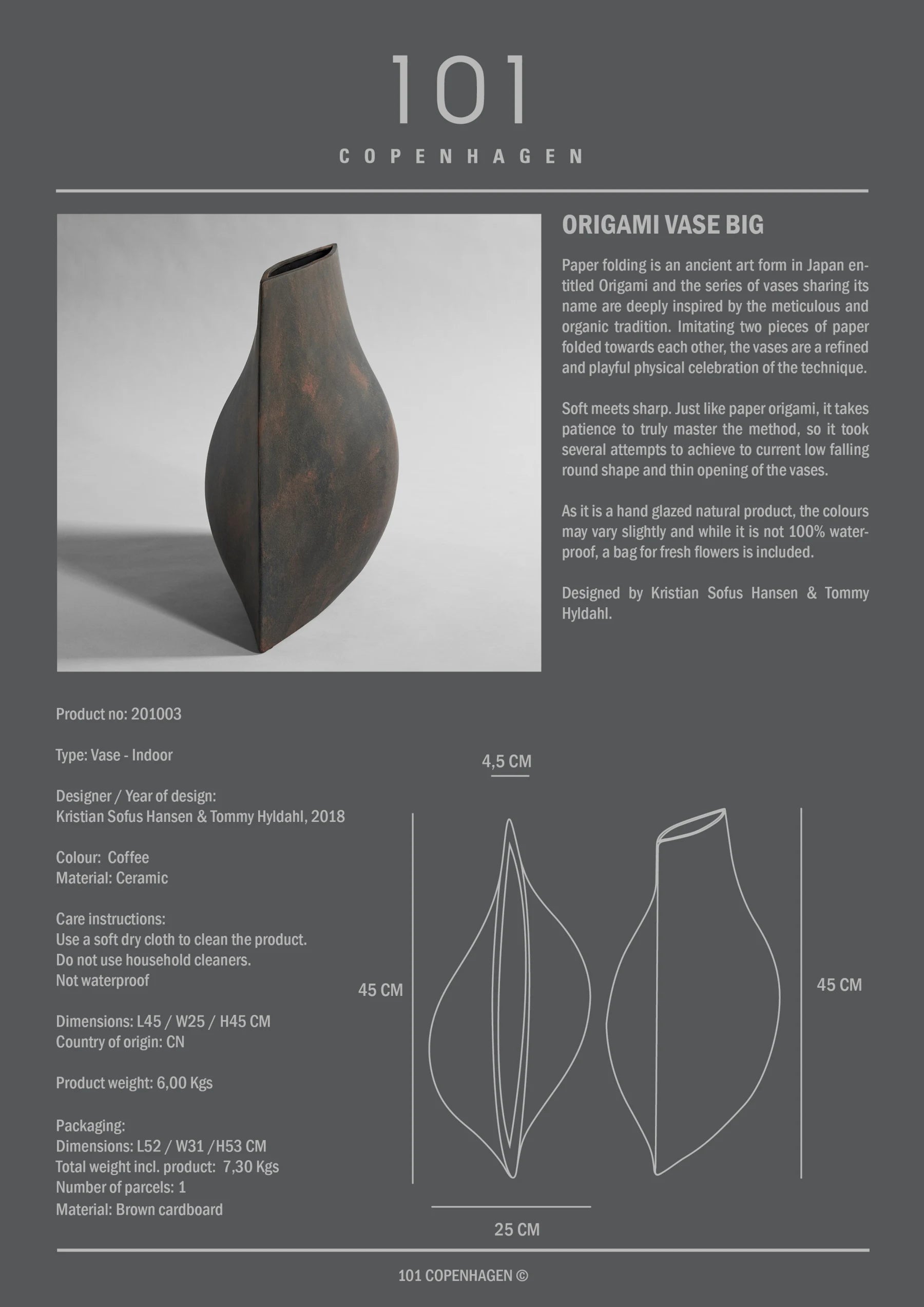 101 COPENHAGEN Βάζο Βάζο Origami Big Κεραμικό Καφέ/Μαύρο H45cm x W25cm x L45cm 101 COPENHAGEN