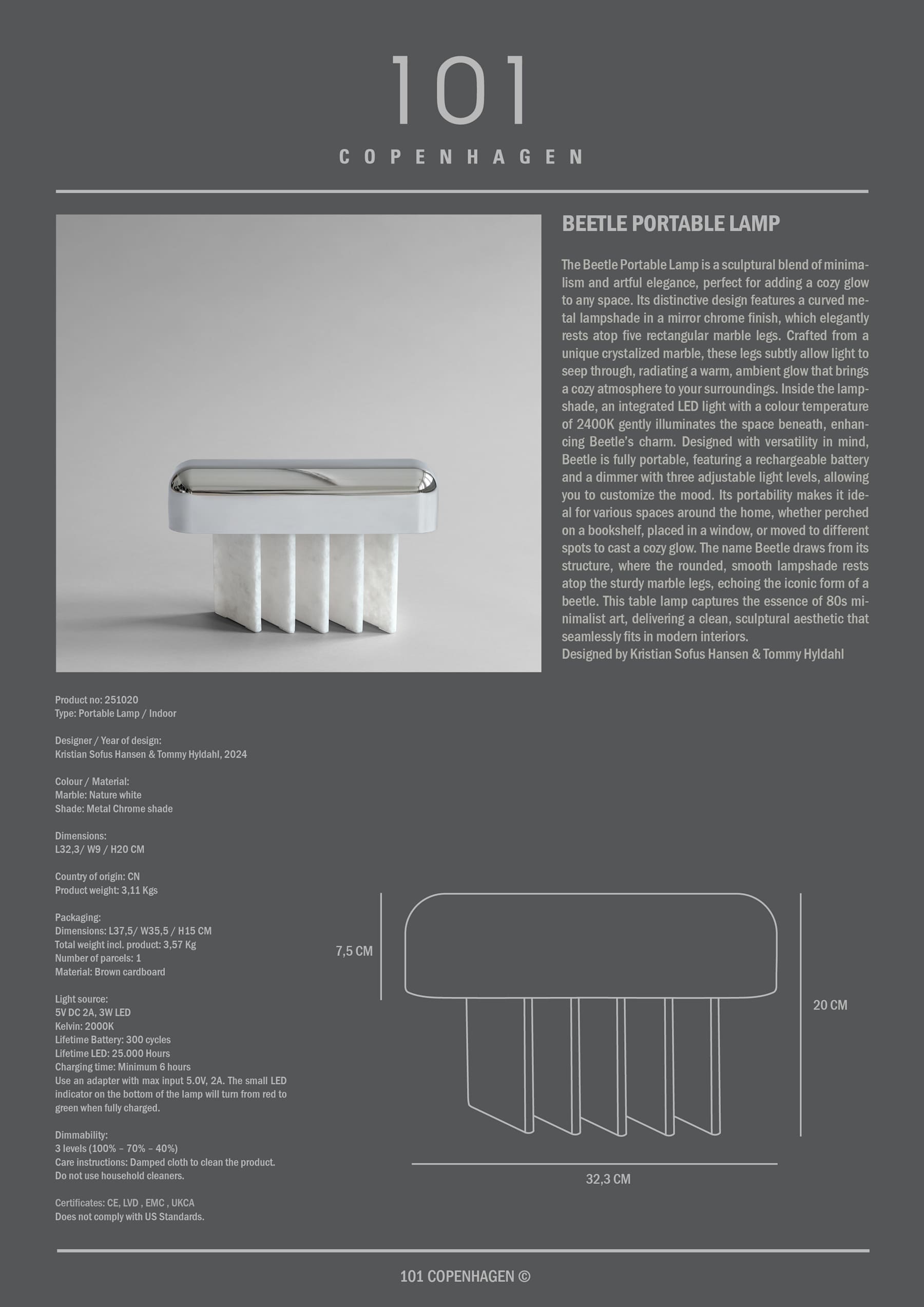 Επιτραπέζιο Φορητό Φωτιστικό Beetle L32,3 x W9 x H20 cm 101 COPENHAGEN