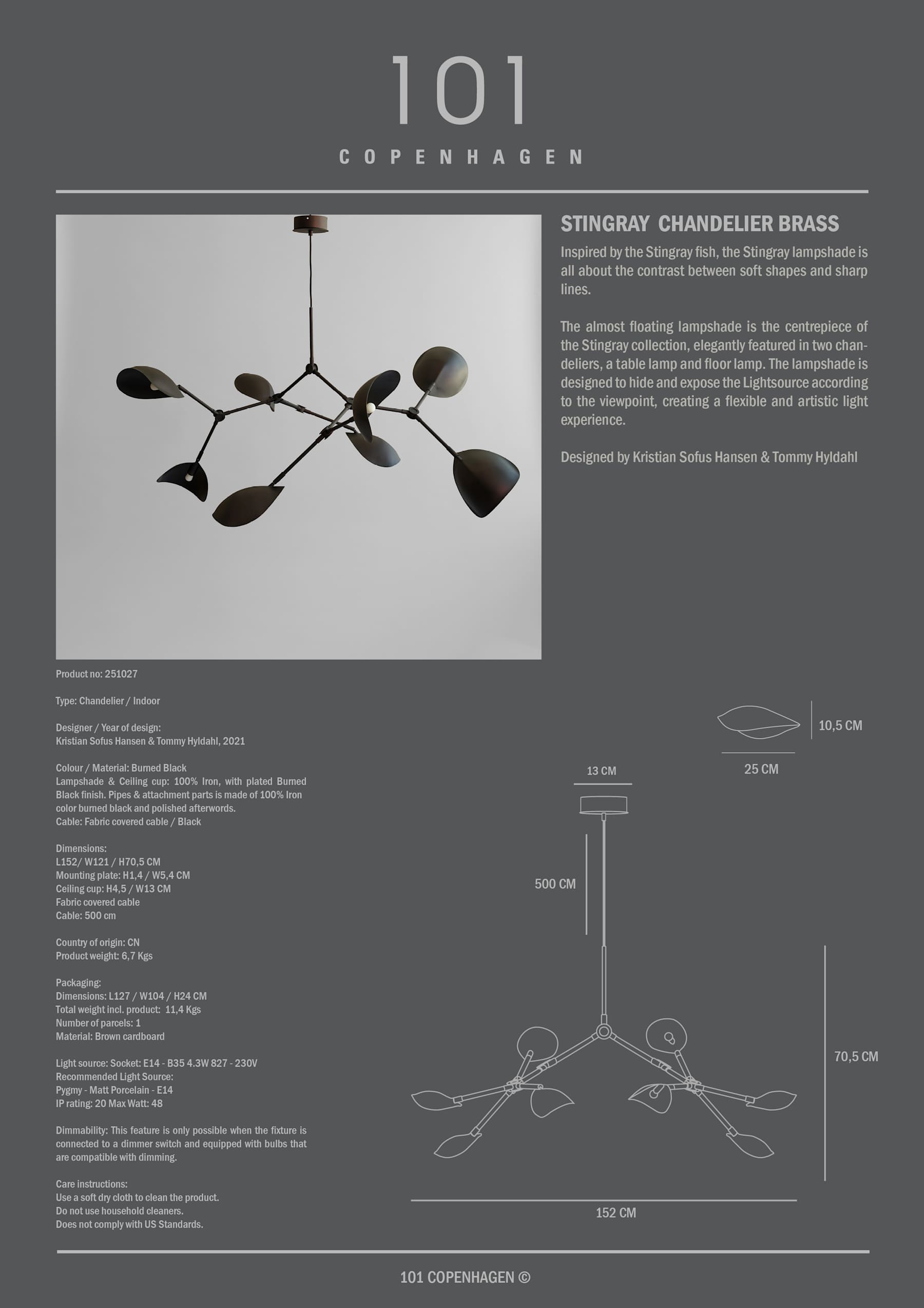Φωτιστικό Οροφής Stingray Chandelier - Burned Black (5m) L152 x W121 x H70 cm 101 COPENHAGEN