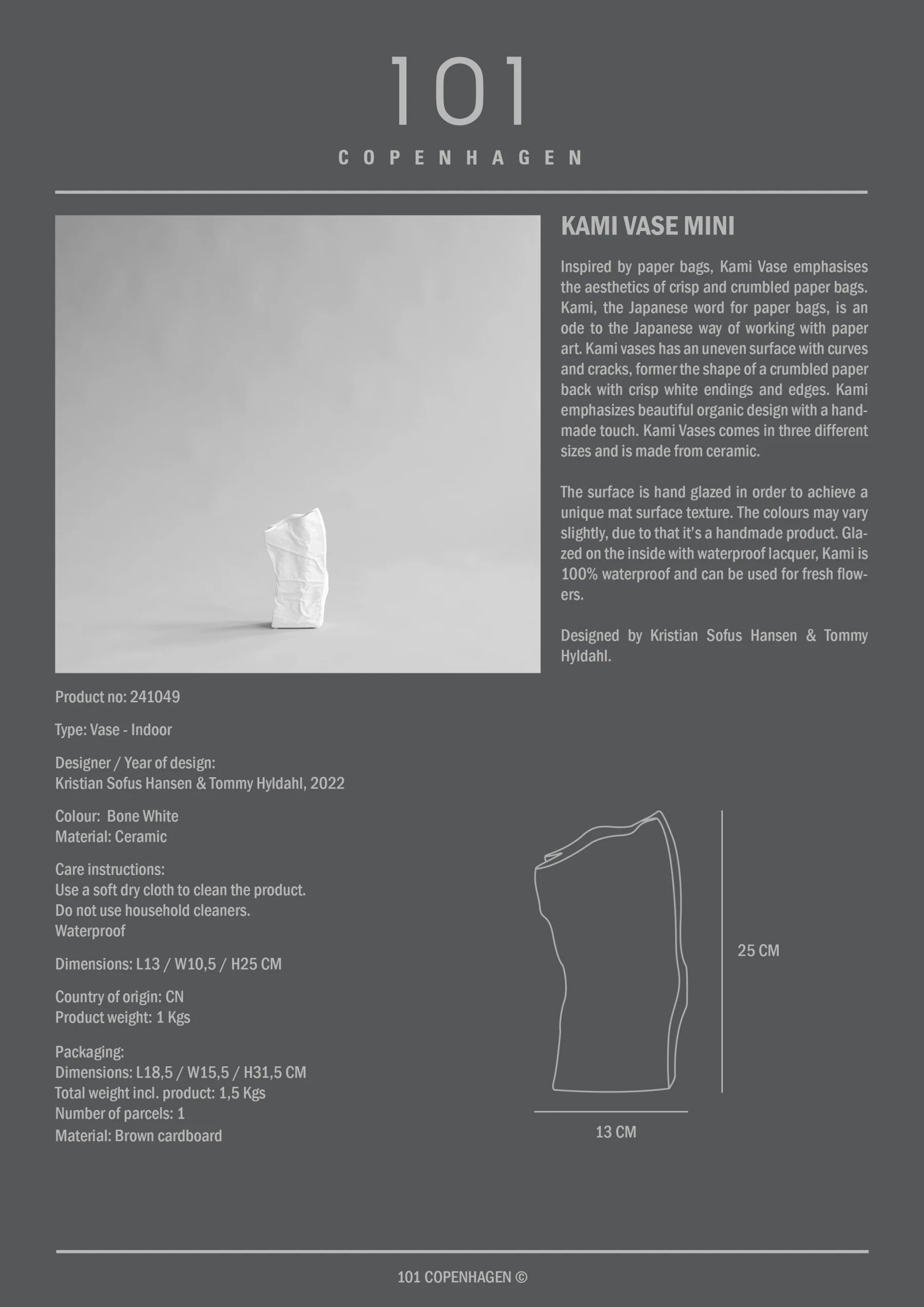 101 COPENHAGEN Βάζο Βάζο Kami Mini Κεραμικό Άσπρο 13x25 cm, 101 COPENHAGEN