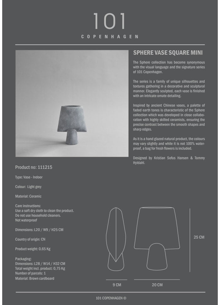 101 COPENHAGEN Βάζο Βάζο, Sphere Square Mini Light Γκρι Κεραμικό, 25x9x21cm, 101 COPENHAGEN