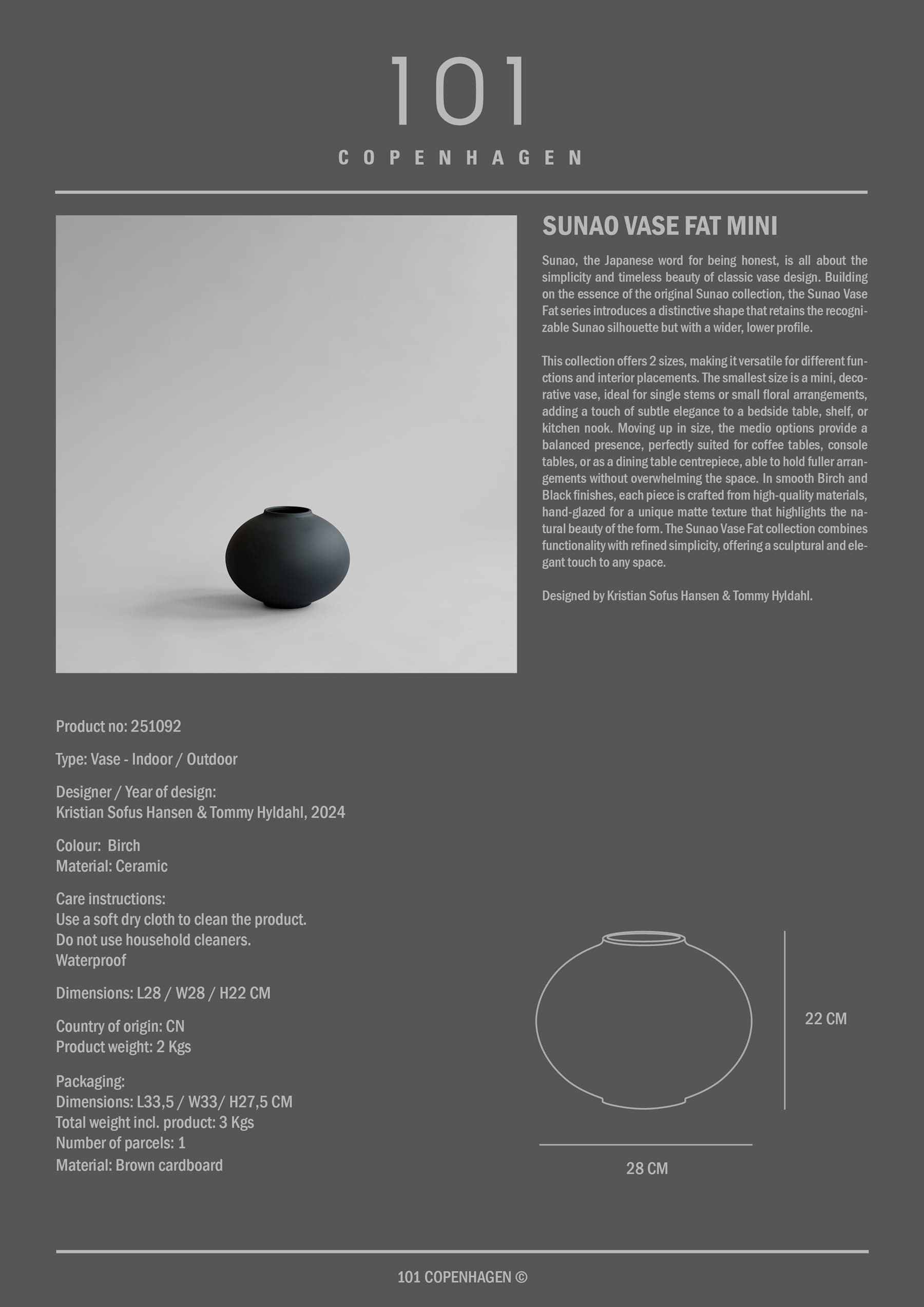 101 COPENHAGEN ΒΑΖΟ Βάζο Sunao Fat Mini Μαύρο / Κεραμικό L28 x W28 x H22 101 COPENHAGEN