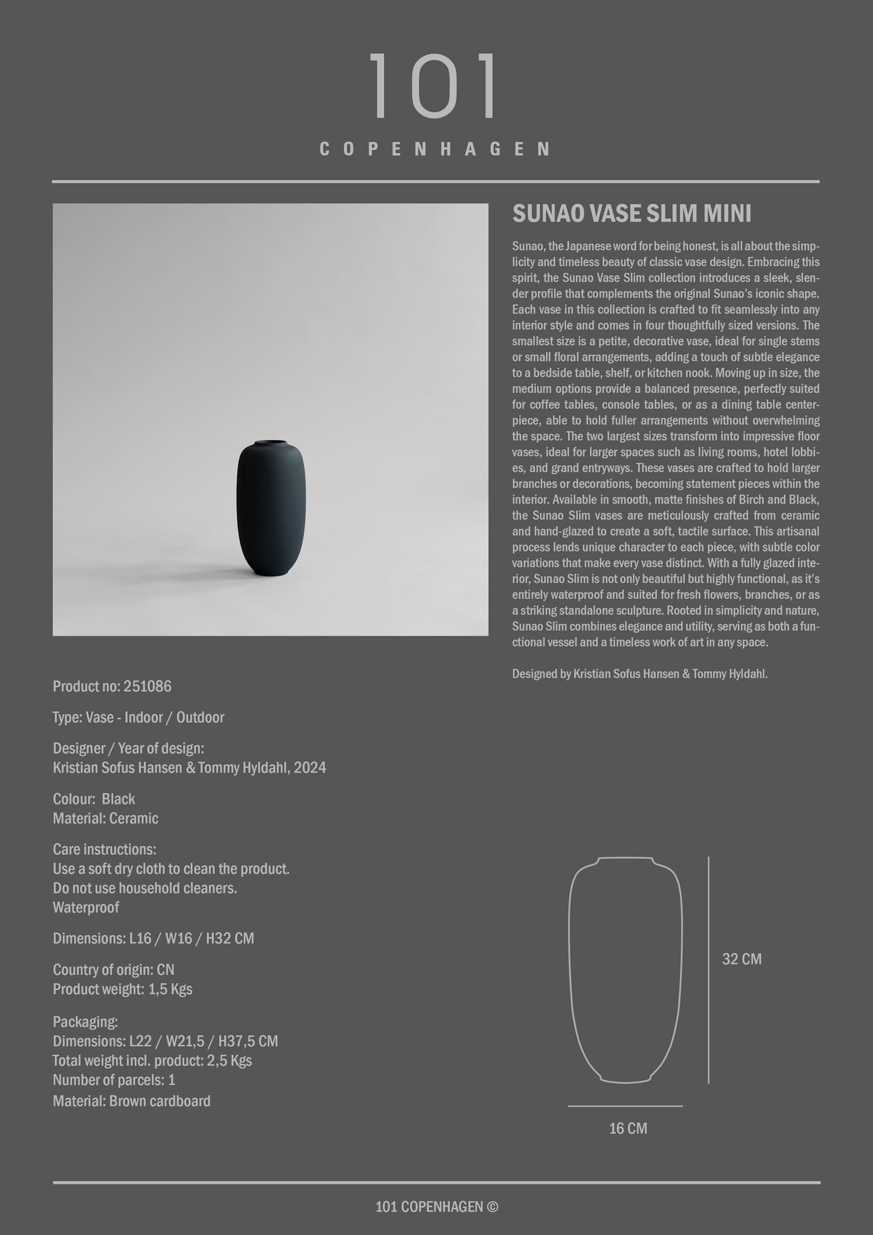 101 COPENHAGEN ΒΑΖΟ Βάζο Sunao Slim, Mini Μαύρο Κεραμικό L16 x W16 x H32 101 COPENHAGEN