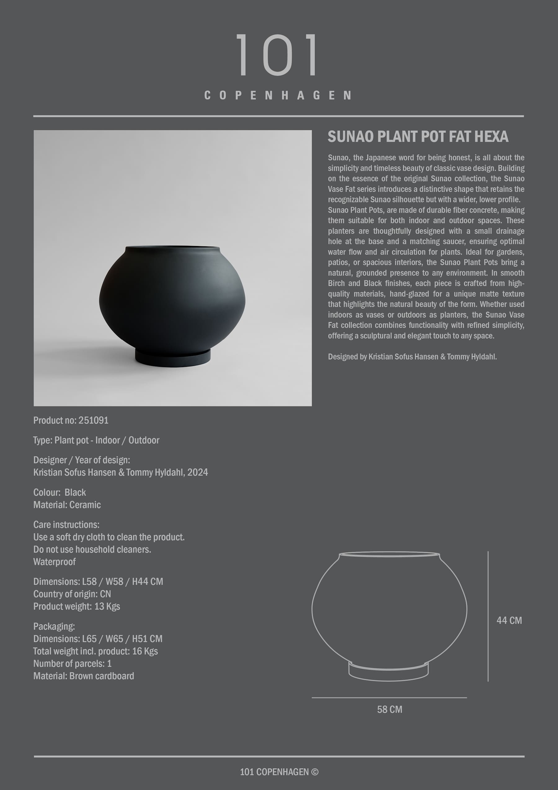 Γλάστρα Sunao Fat Hexa / Κεραμική / Μαύρη L58 x W58 x H44 101 COPENHAGEN