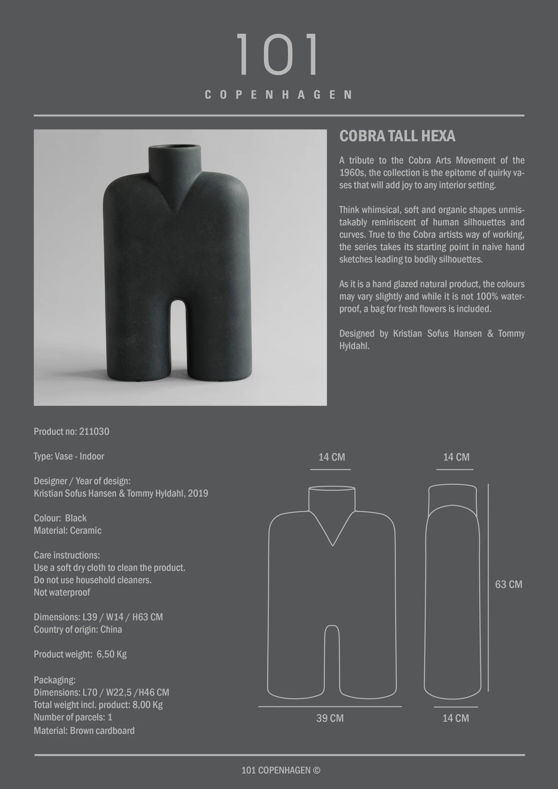 101 COPENHAGEN Βάζο Βάζο, Cobra Tall Hexa, Κεραμικό, Μαύρο, 63x14x39cm ,101 COPENHAGEN
