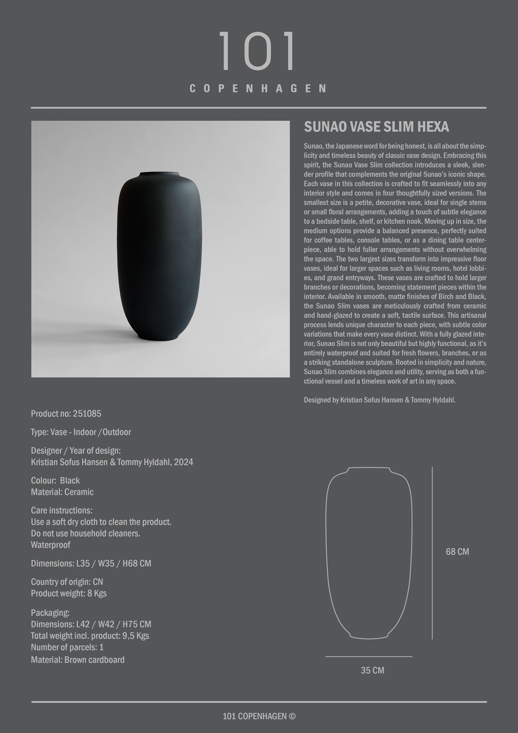 Βάζο Sunao Slim Hexa Μαύρο / Κεραμικό L35 x W35 x H68 101 COPENHAGEN