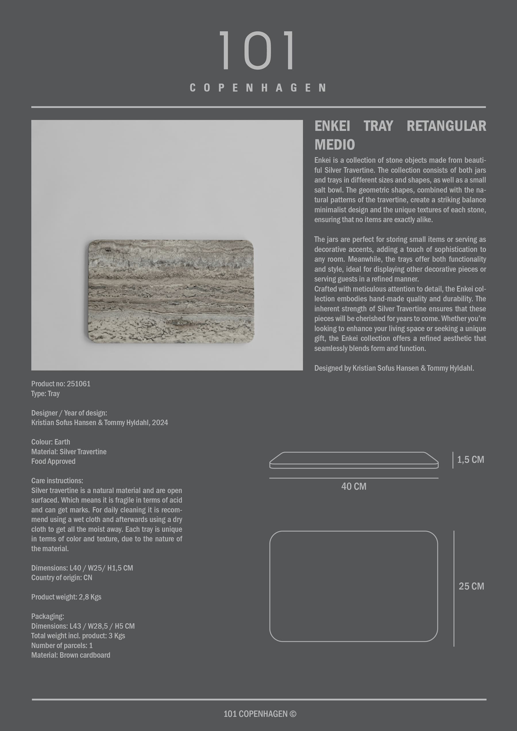 101 COPENHAGEN Δίσκος Σερβιρίσματος Δίσκος Enkei Tray Rectangular Medio Τραβερτίνη Γήινες αποχρώσεις L40xW25xH1,5 cm 101 COPENHAGEN