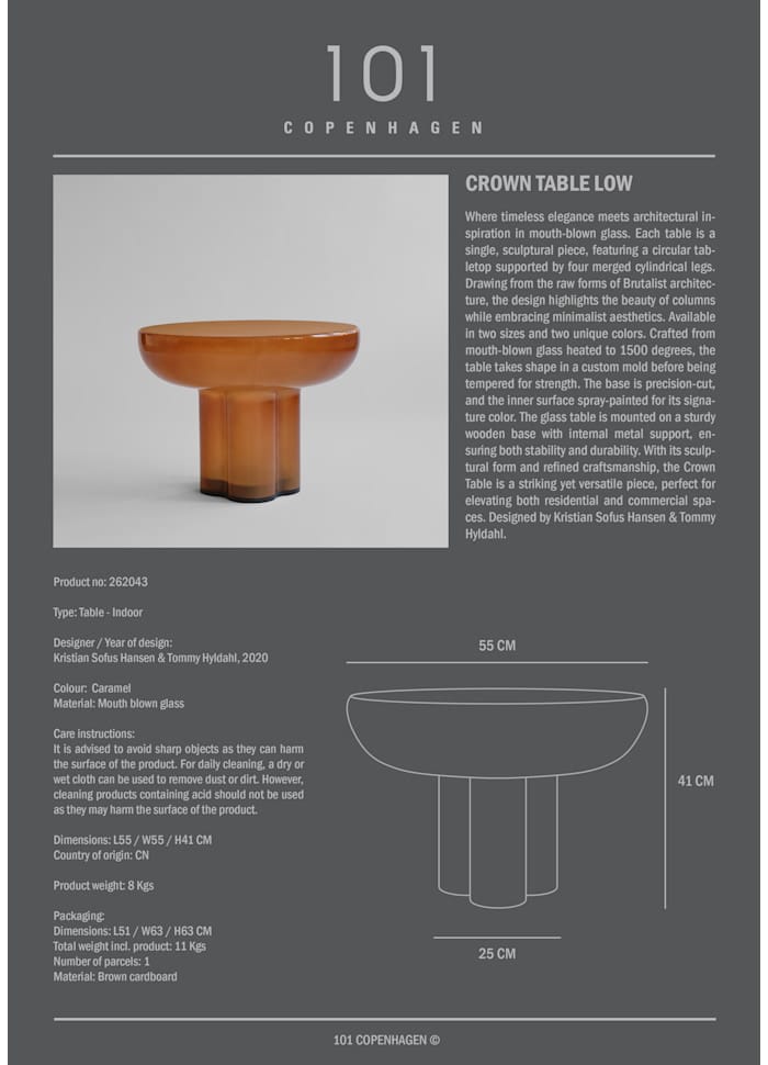 Τραπέζι Crown Table, Low Caramel Φυσητό Γυαλί Η41x55x55cm, 101 COPENHAGEN