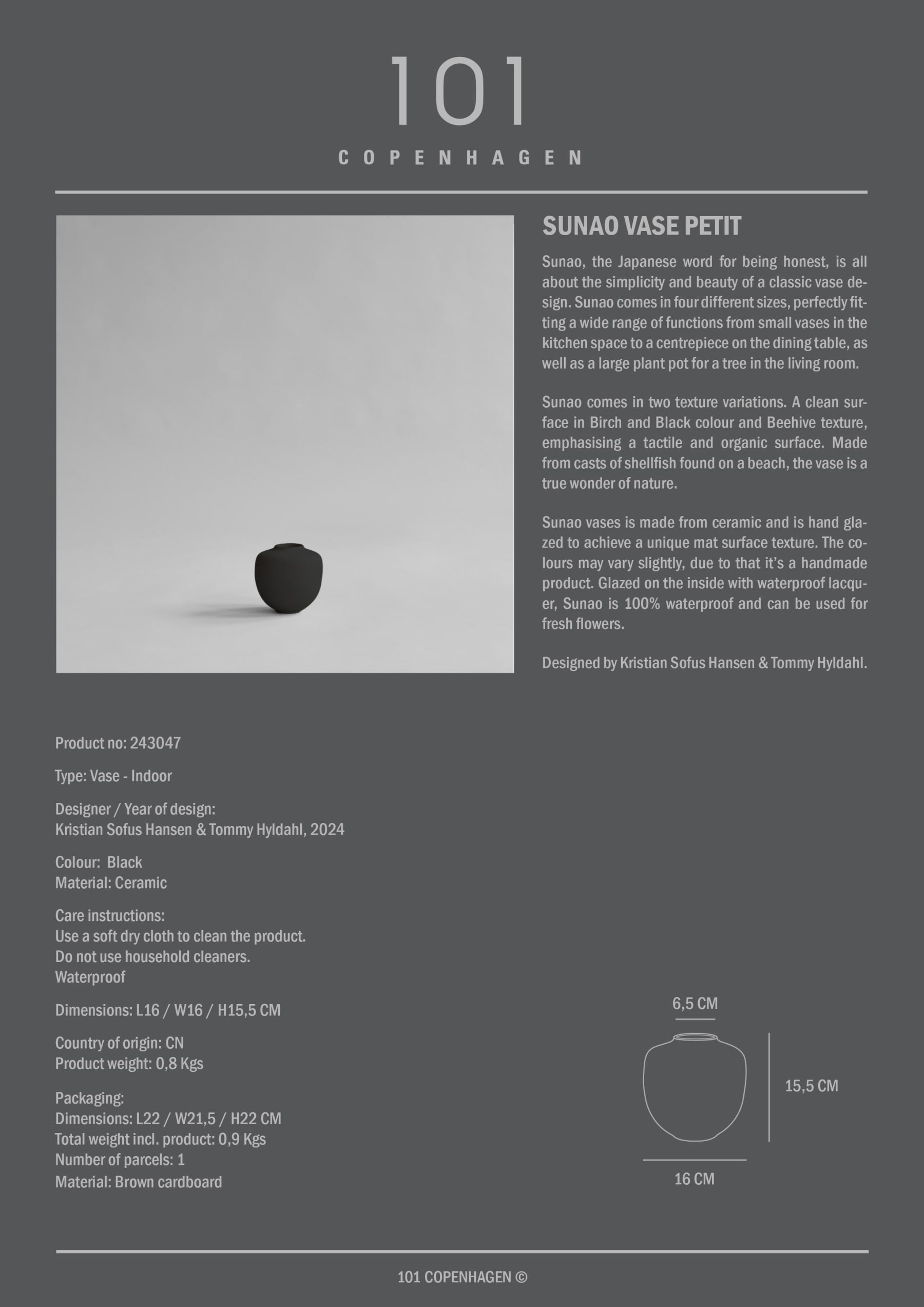 101 COPENHAGEN ΒΑΖΟ Βάζο Sunao Petit Μαύρο 16x15.5x6.5 101 COPENHAGEN