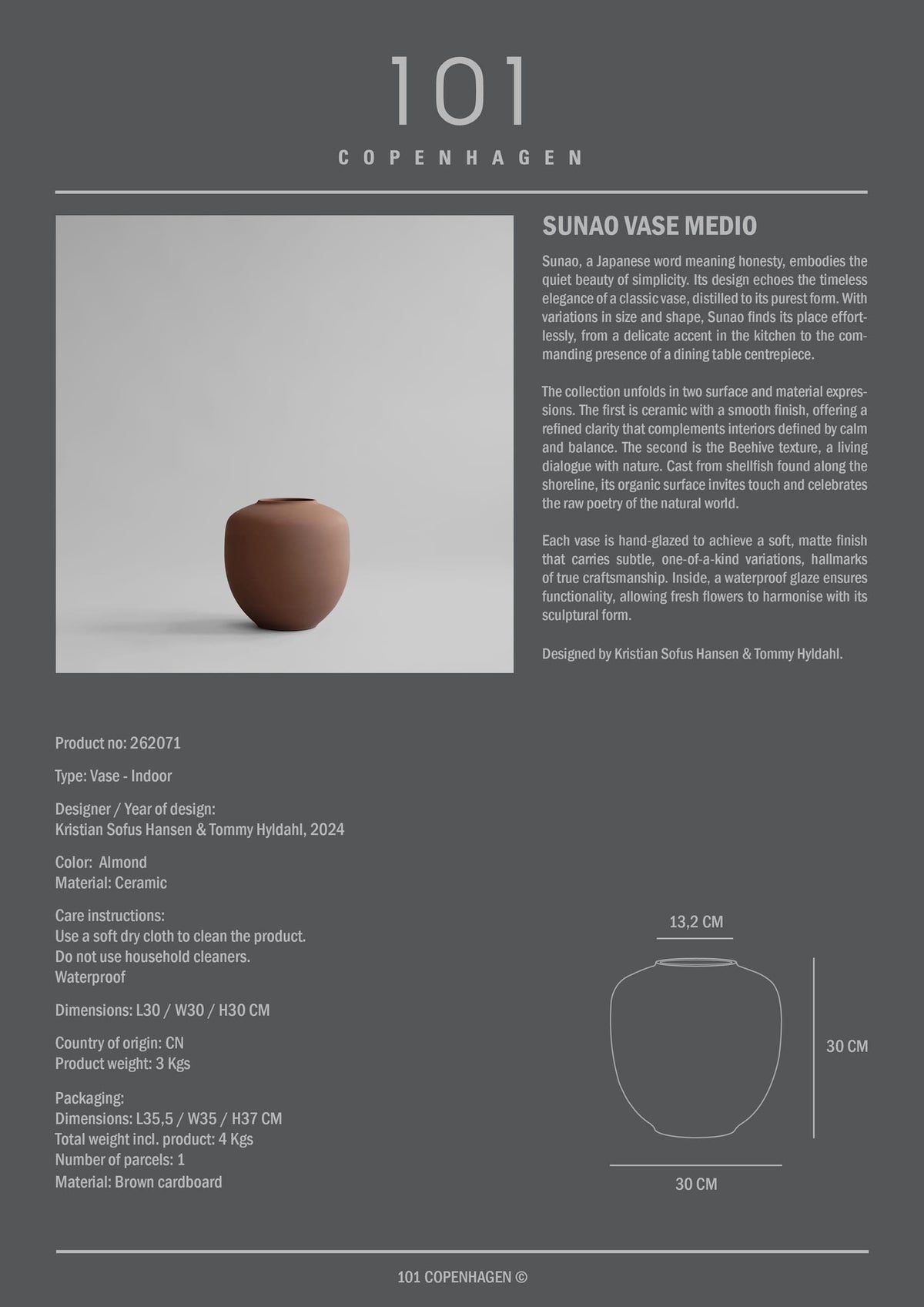 Βάζο Sunao Medio - Κεραμικό Ανοιχτό Καφέ H30 x W30 x L30 cm 101 COPENHAGEN